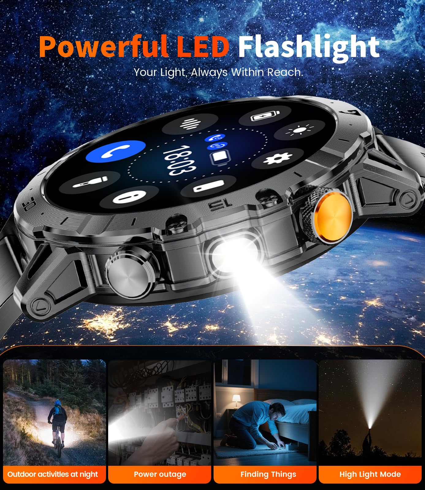 SUNKTA Smartwatch da uomo Militare 1000 mAh grande batteria da 1,7" HD Bluetooth chiamate orologio intelligente per iOS Android con torcia LED, frequenza cardiaca/monitor/contapassi,Nero