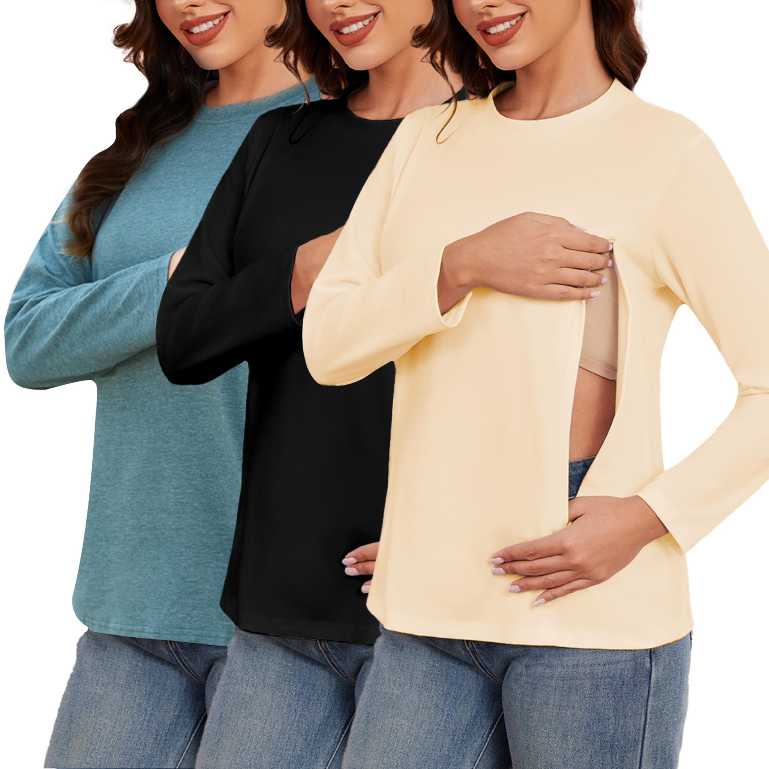 Confezione da 3 magliette da donna a maniche lunghe con chiusura lampo, per allattamento e allattamento
