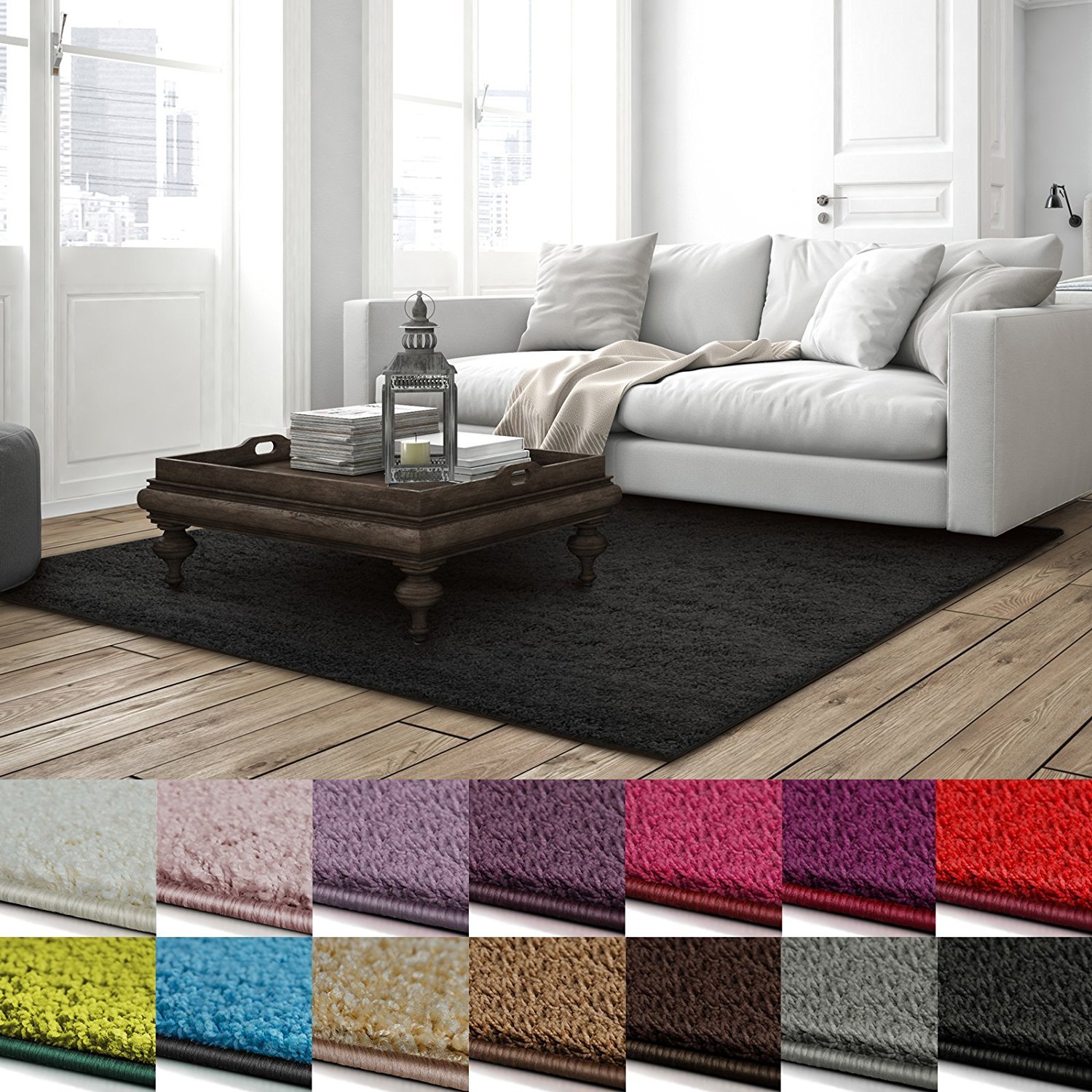 casa pura - Tapis Shaggy - Tapis à Poils Longs - Tapis Doux et épais - Qualité Allemande - Tapis Moelleux pour Salon et Chambre - Barcelona (Noir, 200 x 200 cm)