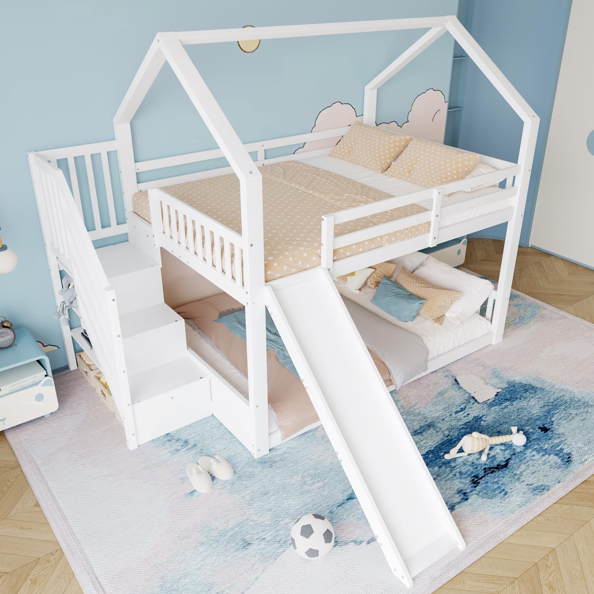 Soweiz Kinderbett mit Geländer,140x200cm Etagenbett mit Stauraumtreppe und Rutsche, Hausbett, geeignet für Kinder, Jugendliche, Weiß