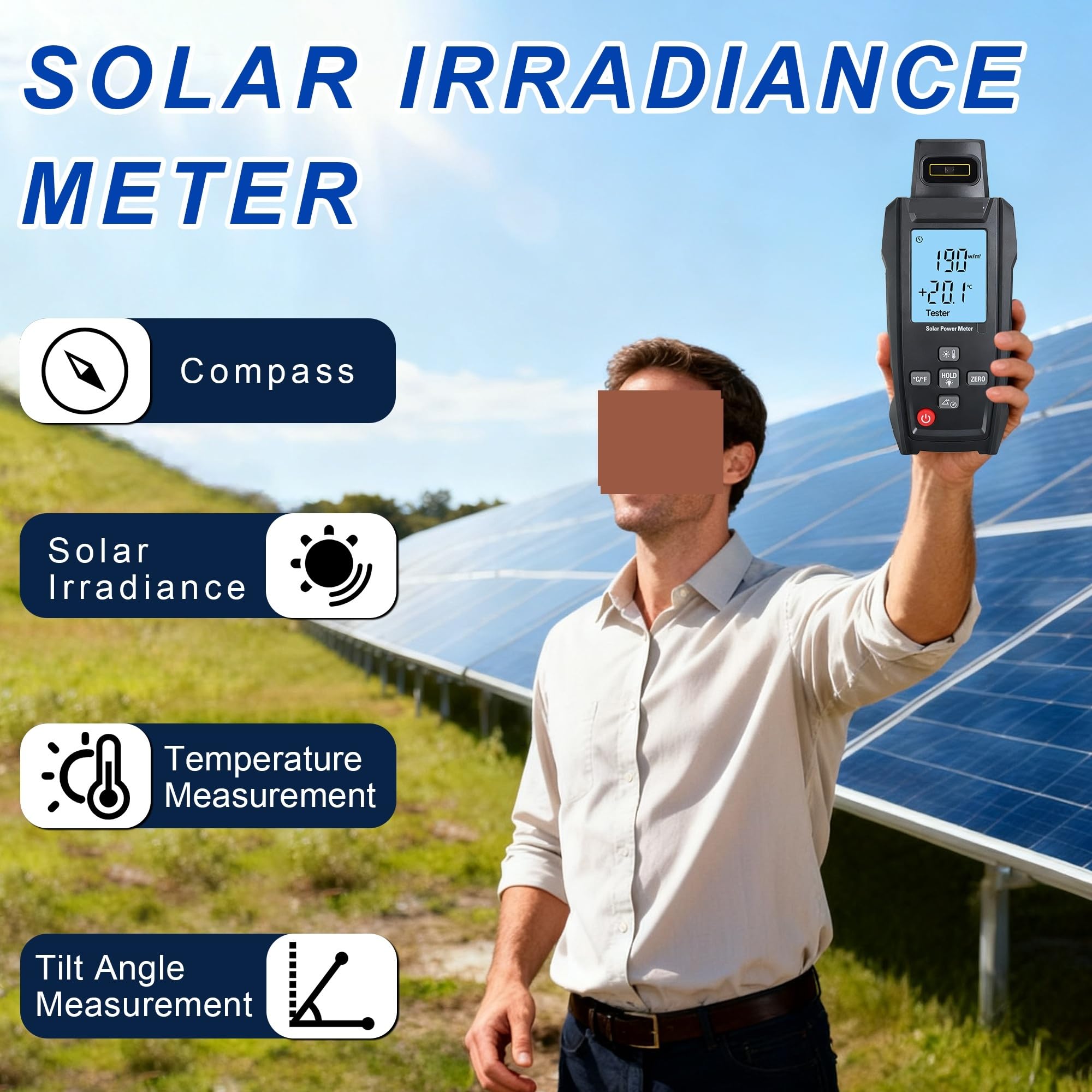 Światłomierz, Miernik natężenia promieniowania słonecznego, narzędzia do pozyskiwania energii słonecznej o wysokiej dokładności, narzędzie solarne, miernik wytwarzania LCD wysokim kontraście