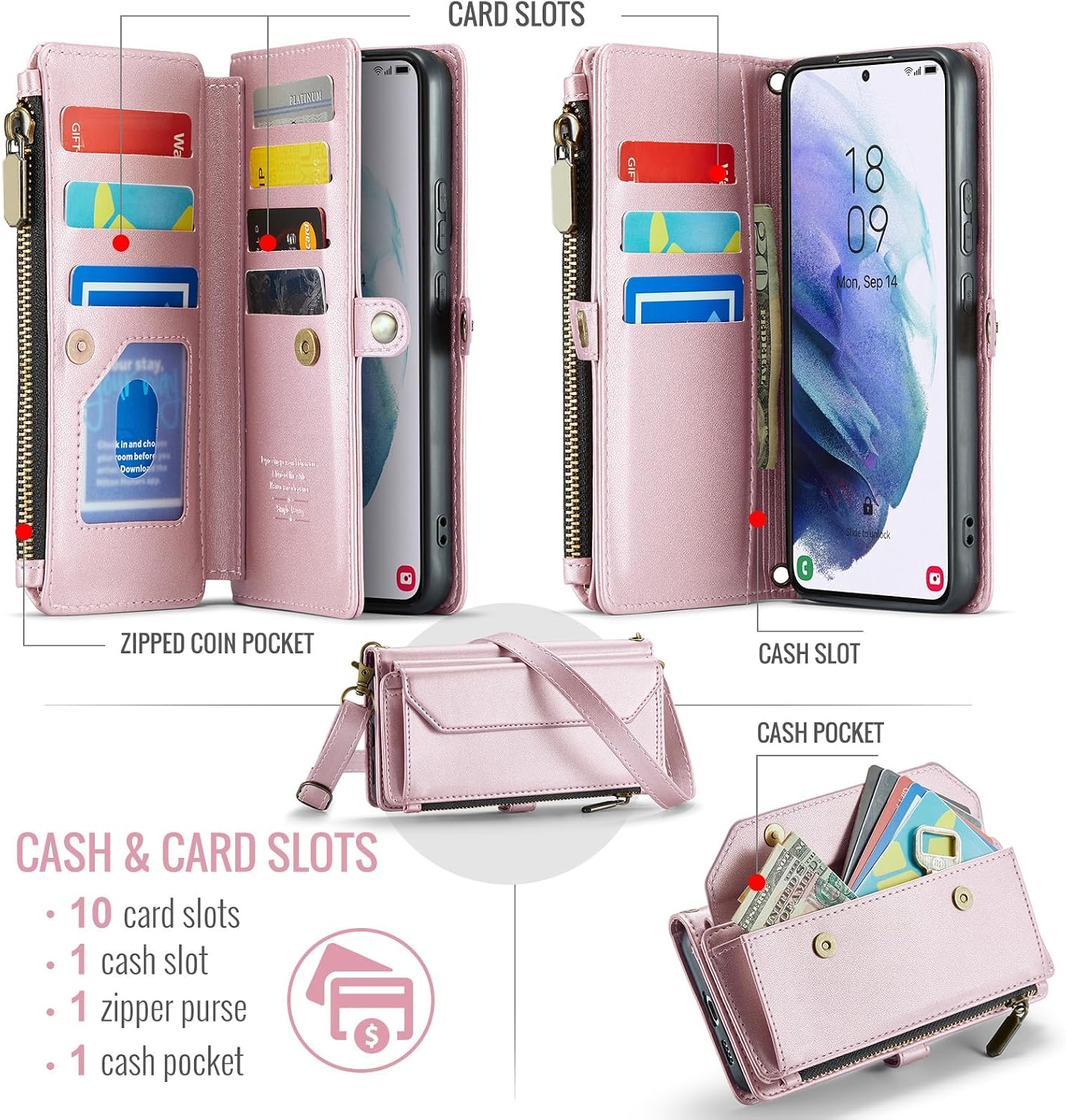 Asuwish Phone Case for Samsung Galaxy S21 Plus S21+ 5G Zipper Wallet Cover with Tempered Glass Screen Protector and Flip RFID Blocking Card Holder Cell S21+5G S21plus 21S + S 21 21+ G5 Women Rose Gold