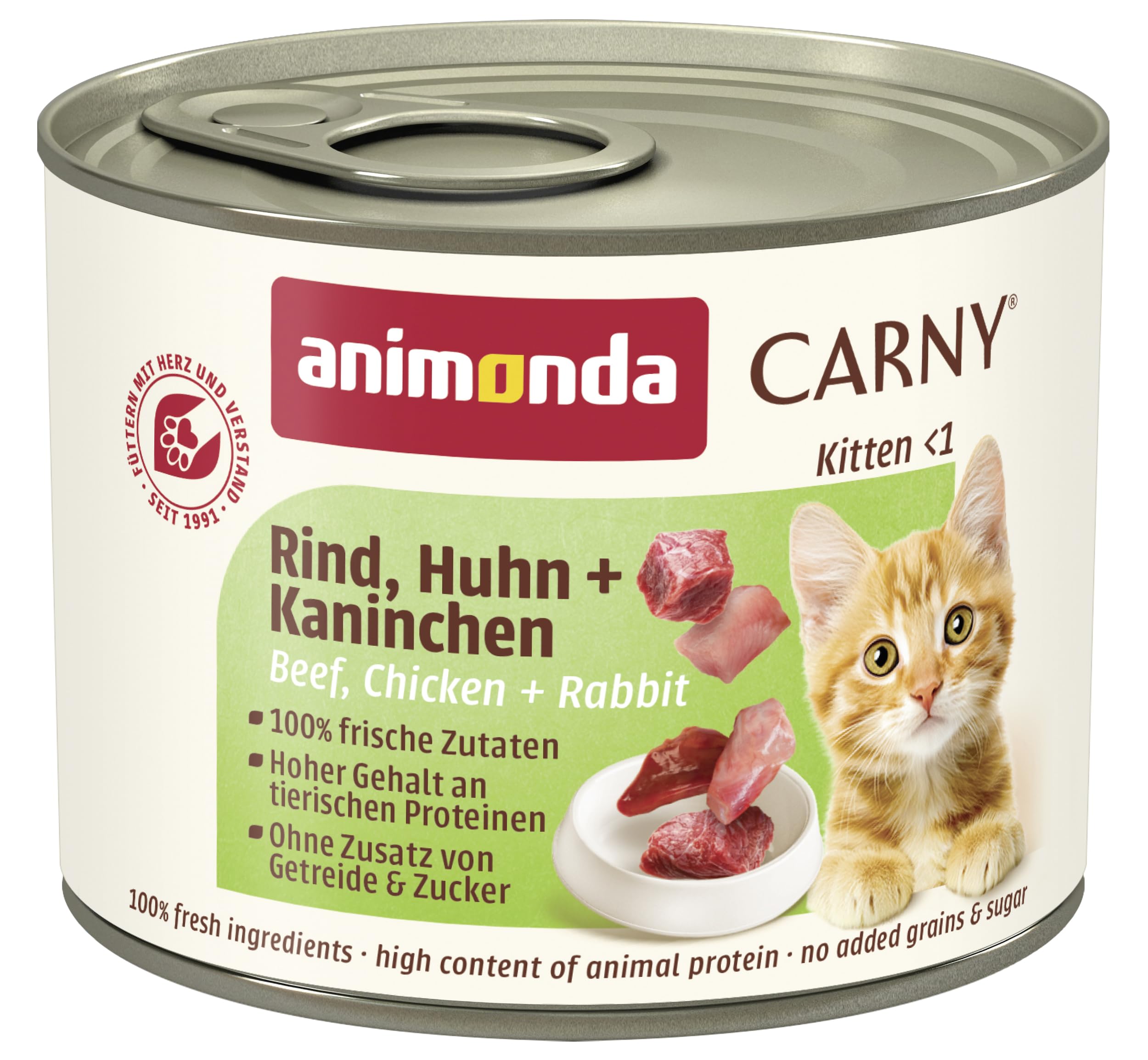 animonda Carny Katzen Nassfutter Kitten Rind + Huhn + Kaninchen (12 x 200g), Kitten getreidefreies Katzennassfutter ohne Zucker für wachsende Kätzchen bis 1 Jahr, mit frischen Zutaten