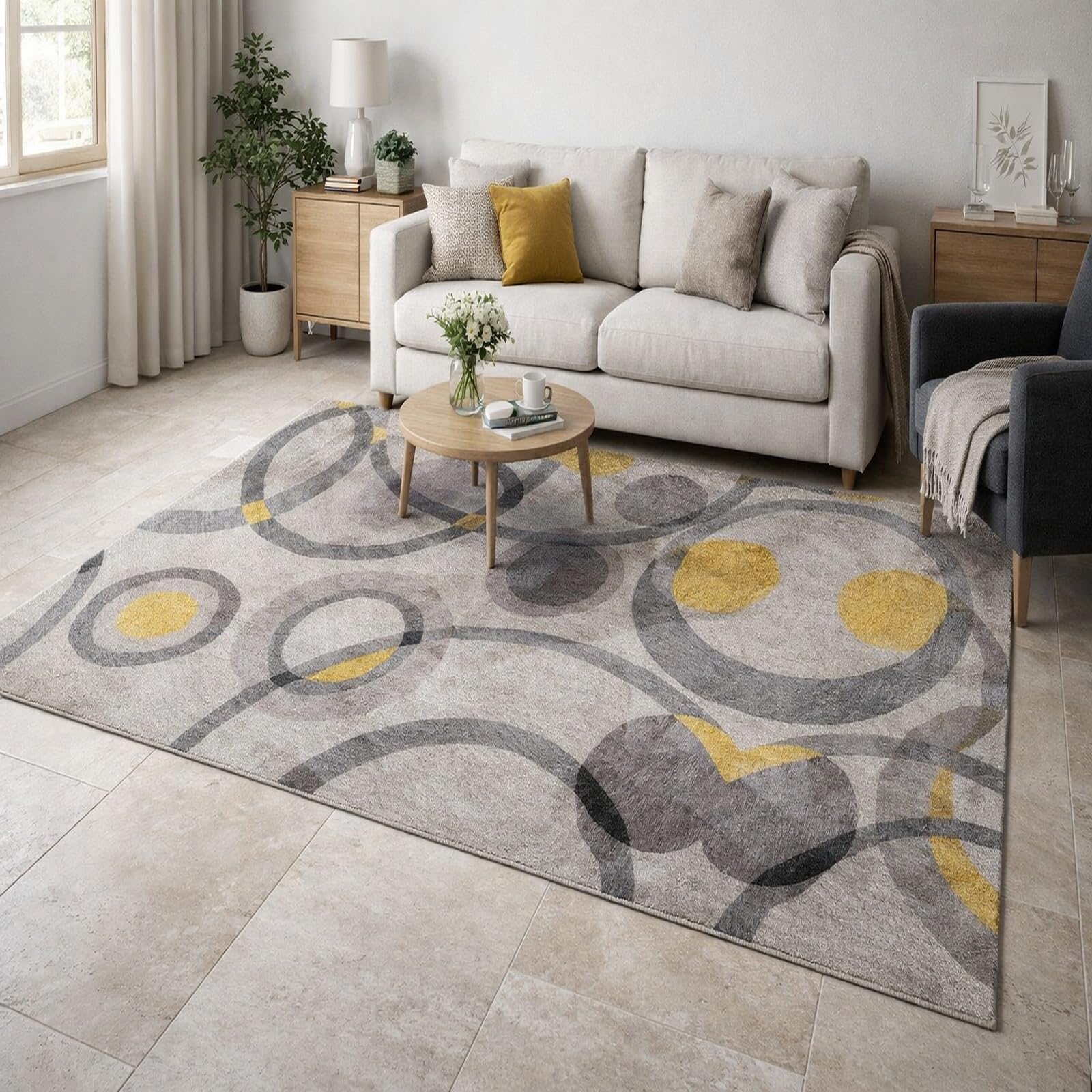 Tapis de salon géométrique abstrait gris et jaune 170x200 cm