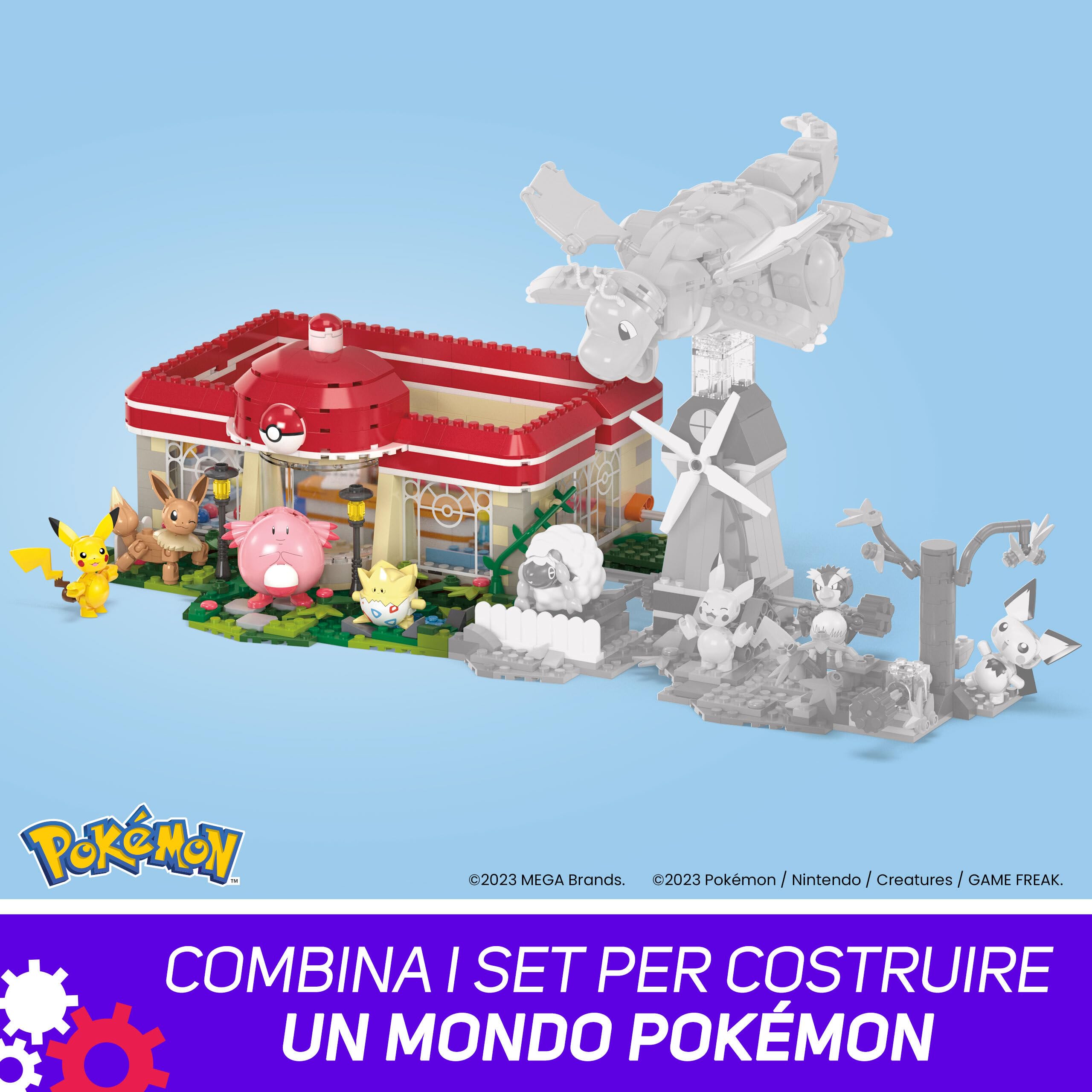 MEGA Pokémon - Centro Pokémon, set da costruire con 648 pezzi e sistema Mattoncino movimento, include Pikachu, Chansey, Evee e Togepi, giocattolo per bambini, 8+ anni, HNT93