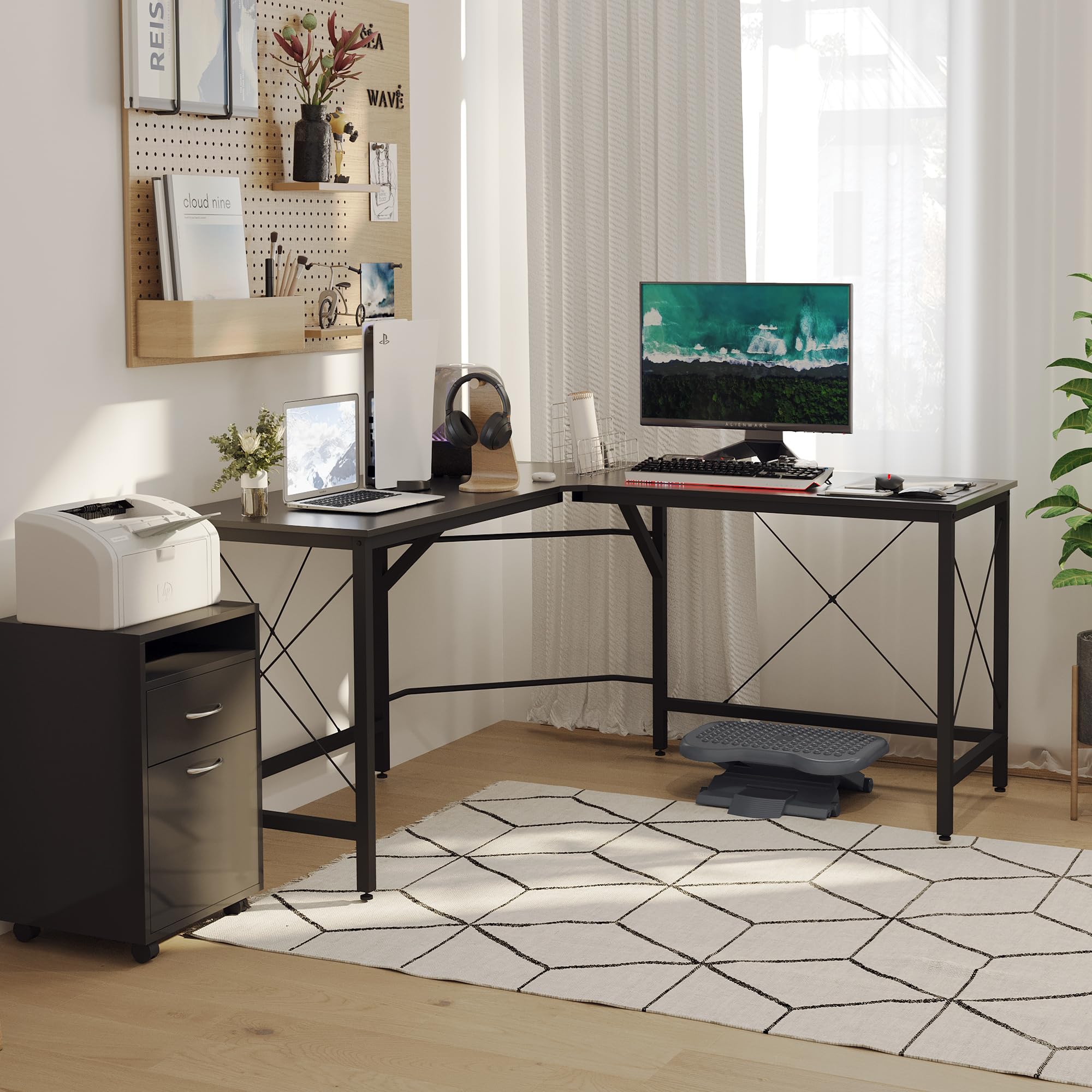HOMCOM Scrivania Spaziosa Nera e Finitura in Rovere Perfetta Postazione da Lavoro per Casa e Ufficio a Forma di L con Soluzione Angolare Finitura in Rovere 150x150x76cm Nera