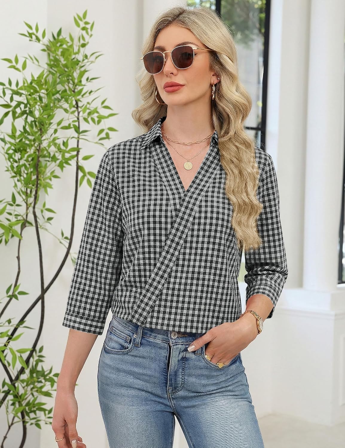 LOMON 3/4 Length Sleeve Womens Tops Dressy V Neck Collared Shirts Trendy Business Casual Work Blouses Vacation Outfits 2026 - Image 3