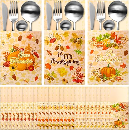 Zhanmai 48 piezas de cubiertos de Acción de Gracias con hojas de arce Give Things, juego de bolsillo de papel para utensilios de Acción de Gracias
