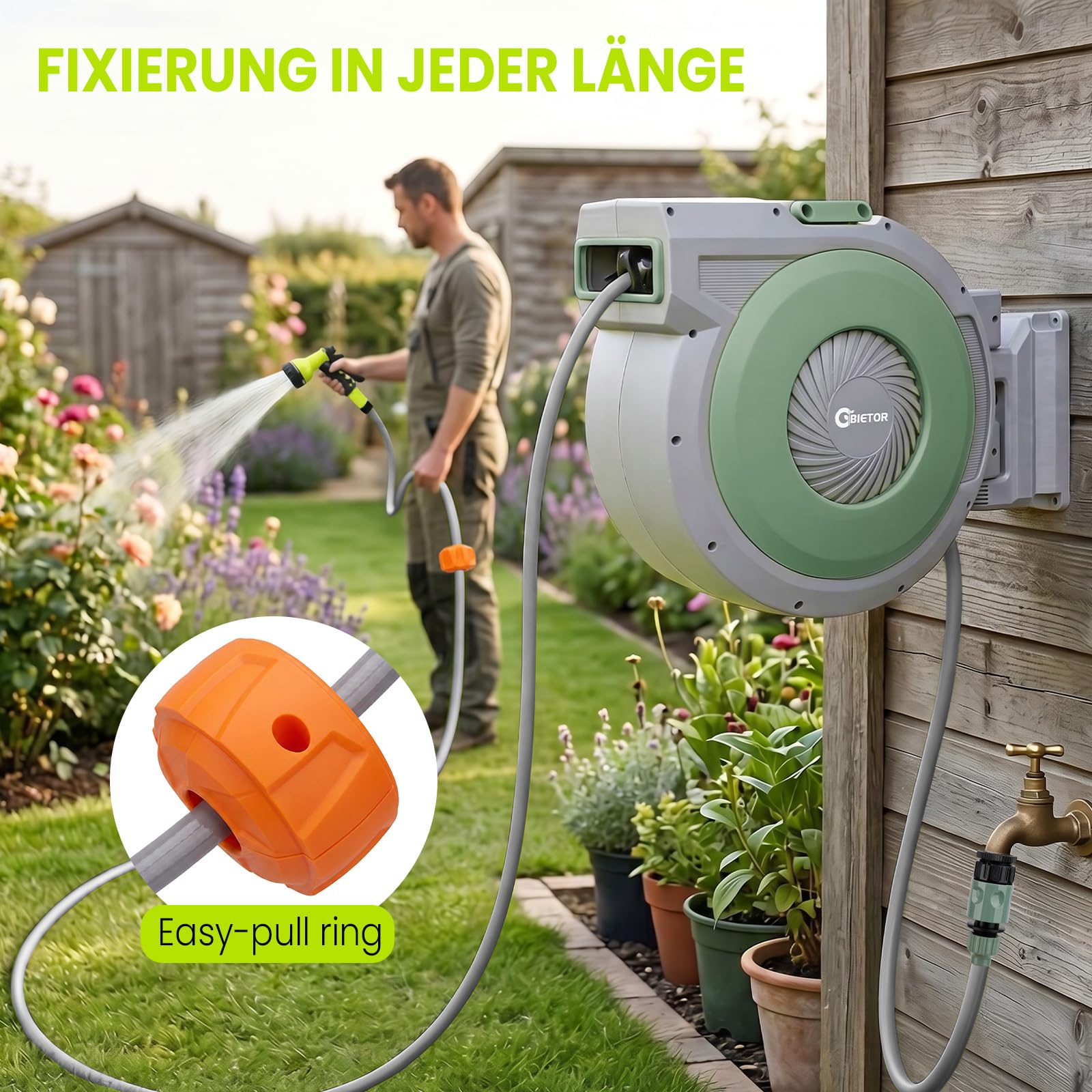 Schlauchtrommel Wasser40m + 2m, 180° Schwenkbar Wand-Schlauchbox, Automatischer Gartenschlauch trommel mit 10-Funktionen Gartenbrause für Gießen Autowaschen