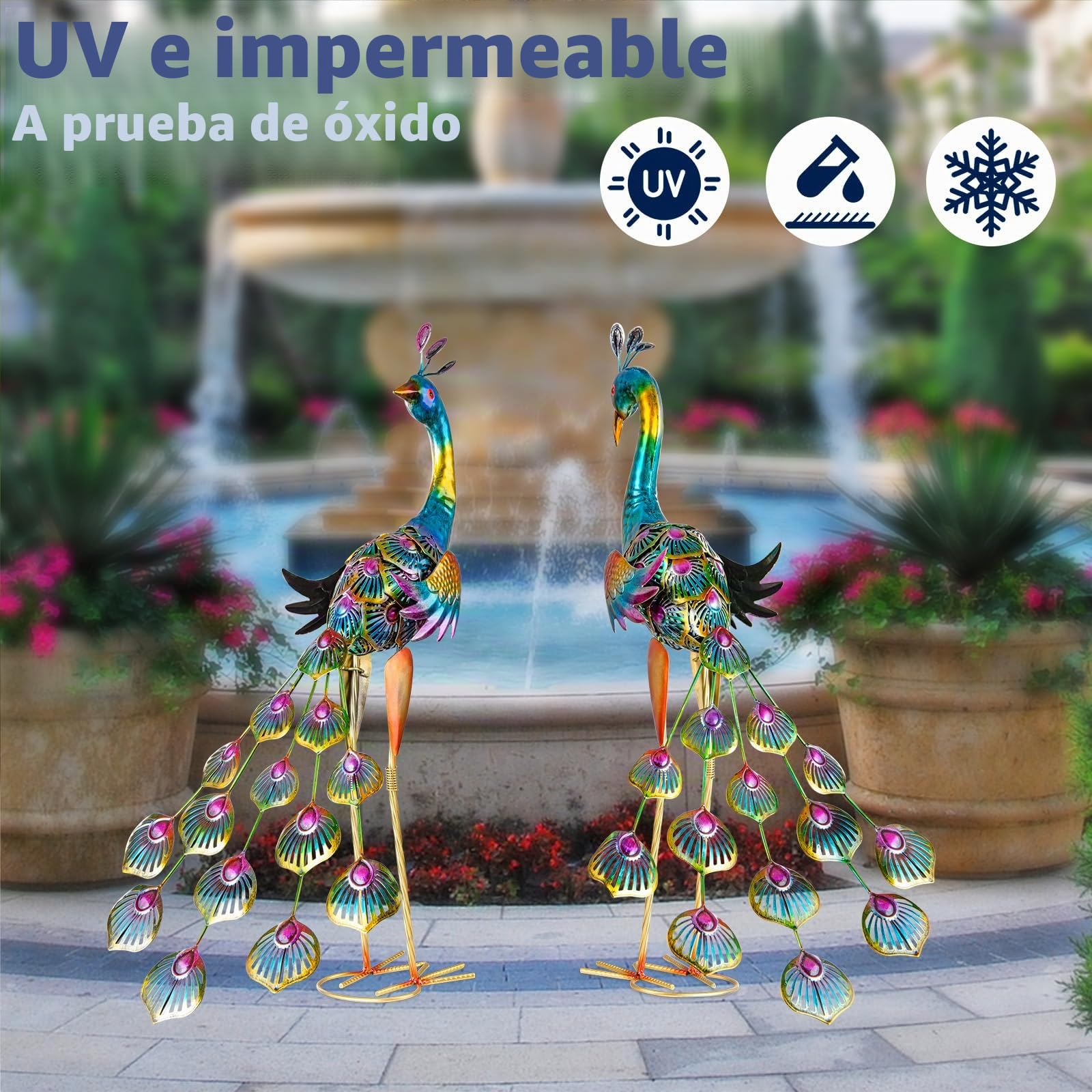 Estatuas de pavo real de jardín en metal, esculturas de pavo real para decoración de patio, césped, veranda, patio trasero, decoración al aire libre (2 piezas, azul)