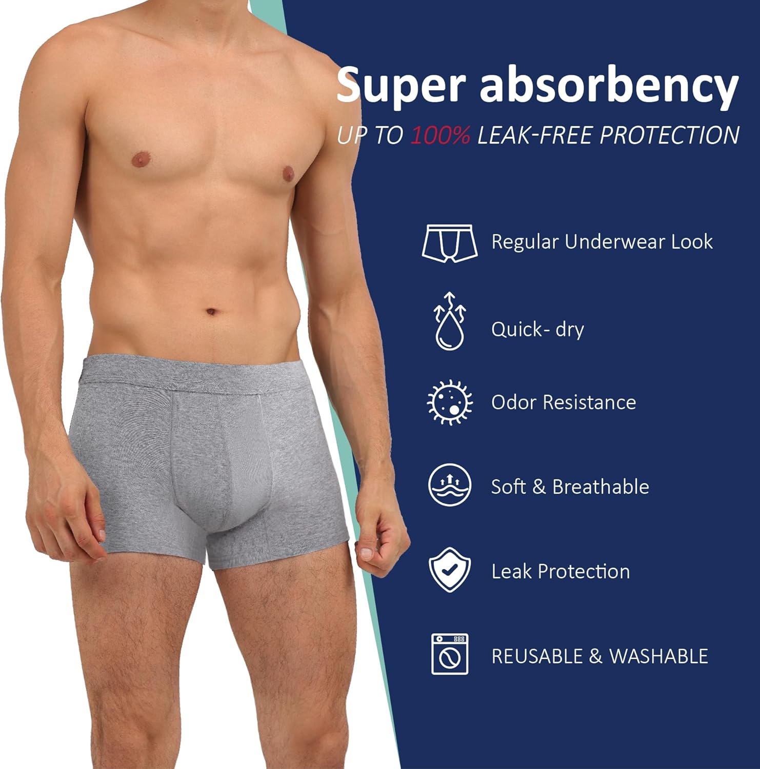 Washable Absorbency Urinary Incontinence Underwear for Men Reusable Leak Proof Boxer Briefs for Bladder Leak Protection 2 Pack (2X-Large, Gray) - Image 3