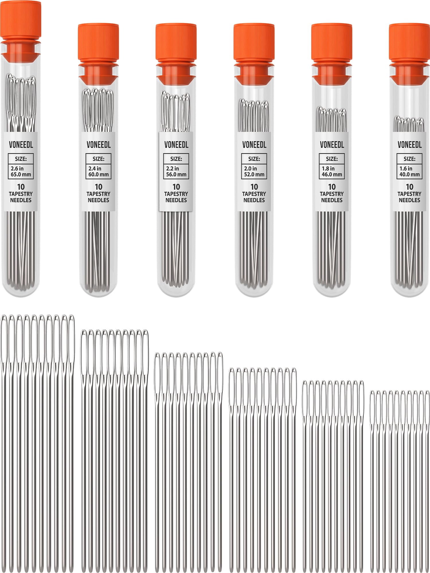 VONEEDL Large Eye Blunt Tapestry Needles (Pack of 60) - 6 Sizes with 6 Storage Tubes - Perfect for Darning, Embroidery, Cross-Stitching, Needlepoint, Crafting, Knitting, Weaving, and DIY
