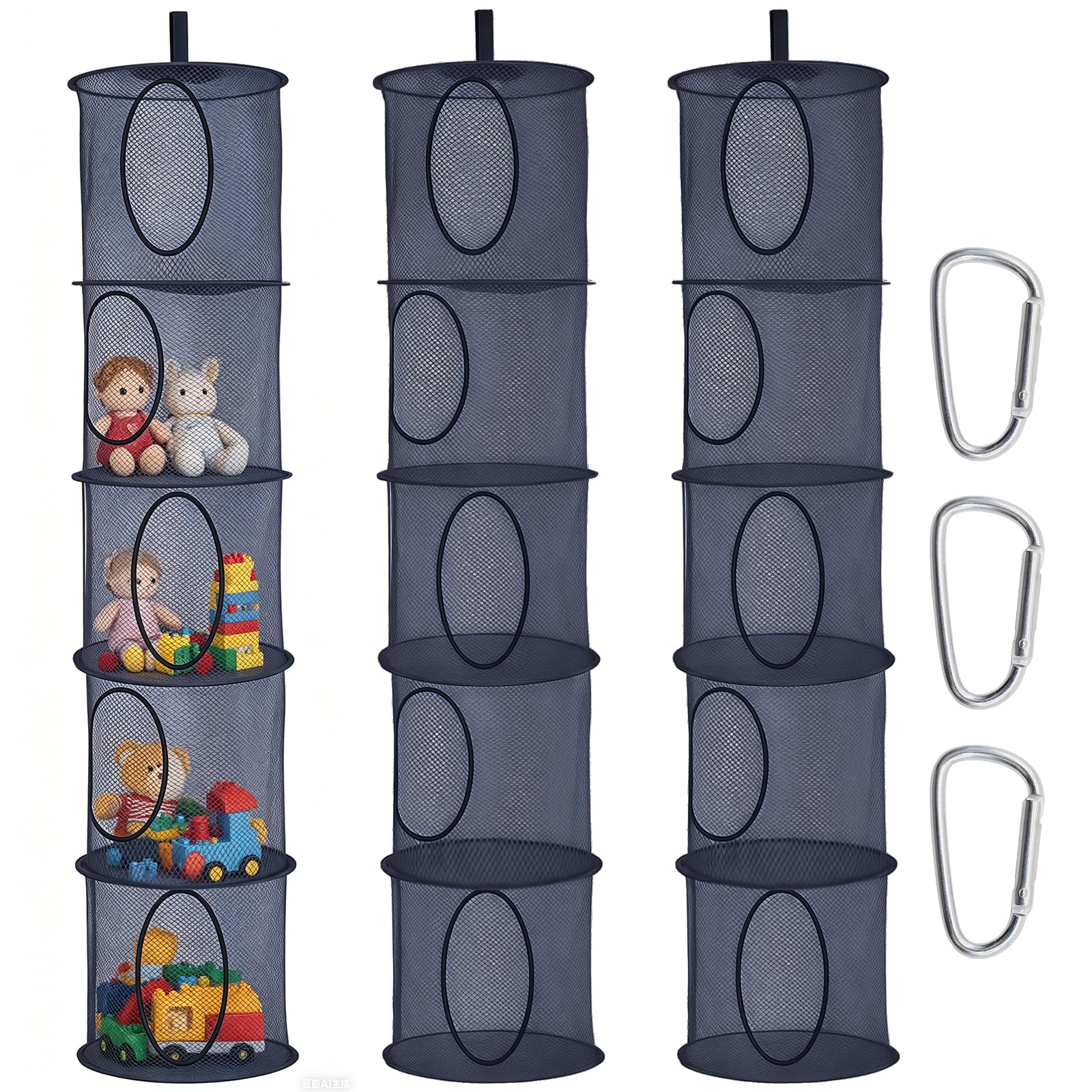 Eudomis 3 PCS Hanging Mesh Storage Basket，Foldable 5 Tier Soft Toy Storage,Includes Matching D-hook,Polyester Teddy Storage Net with Compartments for Cuddly Toys,Clothes,Sundries (Navy Blue)