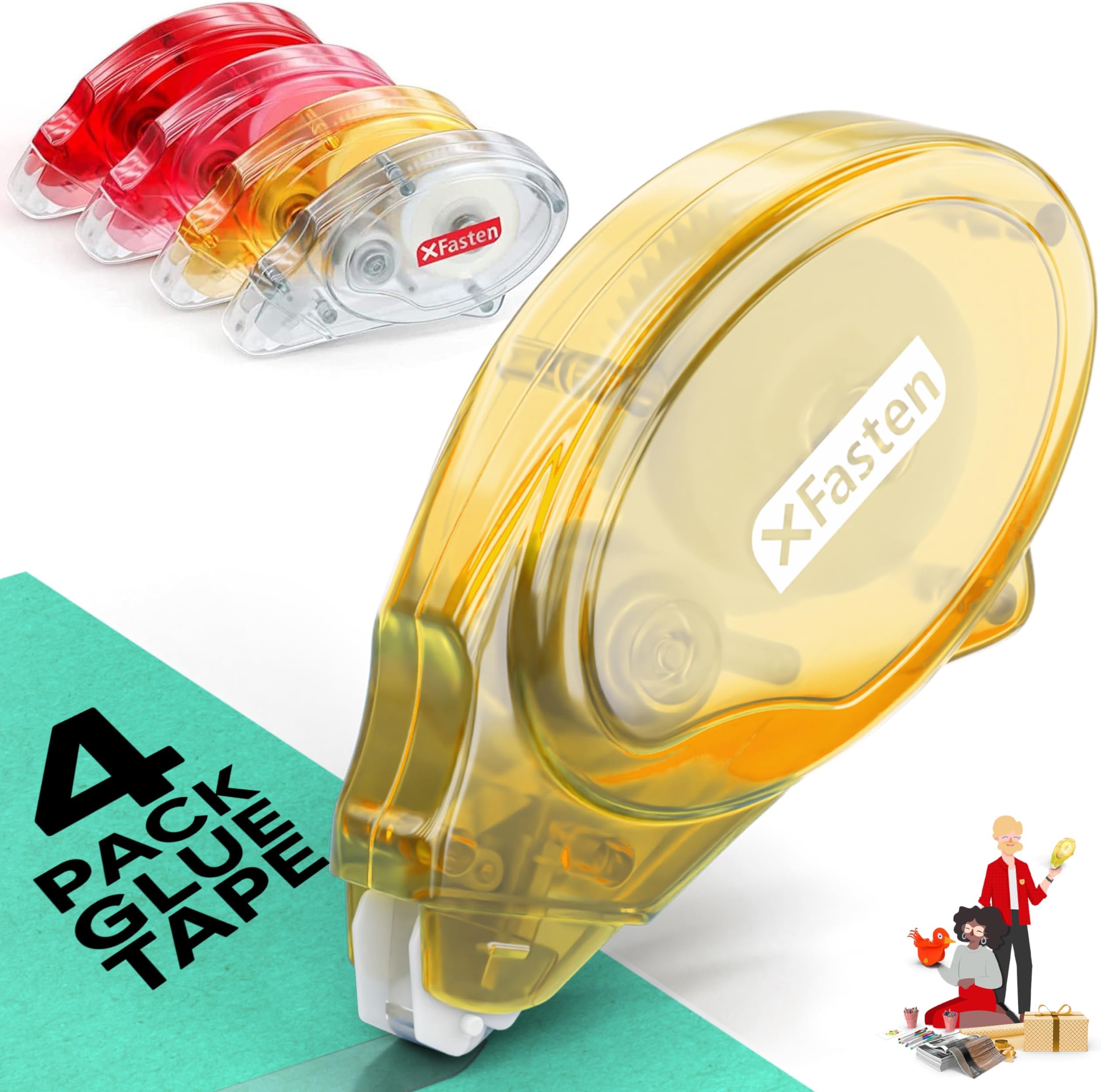 XFasten Double Sided Tape for Scrapbooking, 8mm x 30ft 4-Pack Multicolor Adhesive Tape Roller Runner, Jam-Free Craft Tape Ideal Scrapbook Album Kit