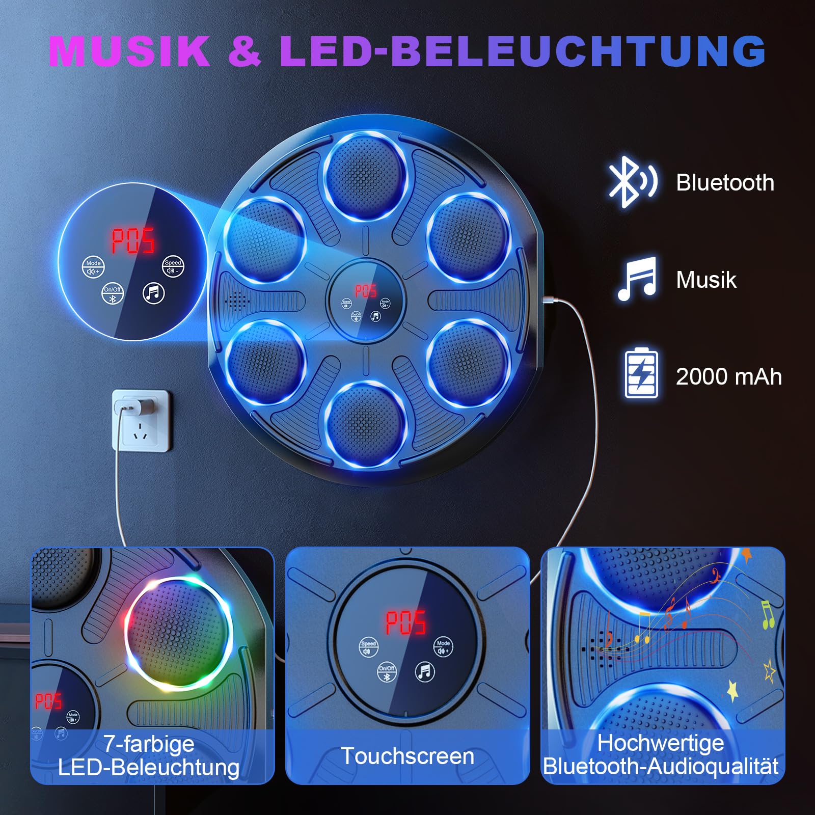 Music Boxing Machine mit 12 Geschwindigkeiten & Modi, 1 Paar Boxhandschuhe, Bluetooth, LED-Lichter, Zählmodus, Elektronische Boxmaschine für Erwachsene und Kinder Zuhause, Home Fitness