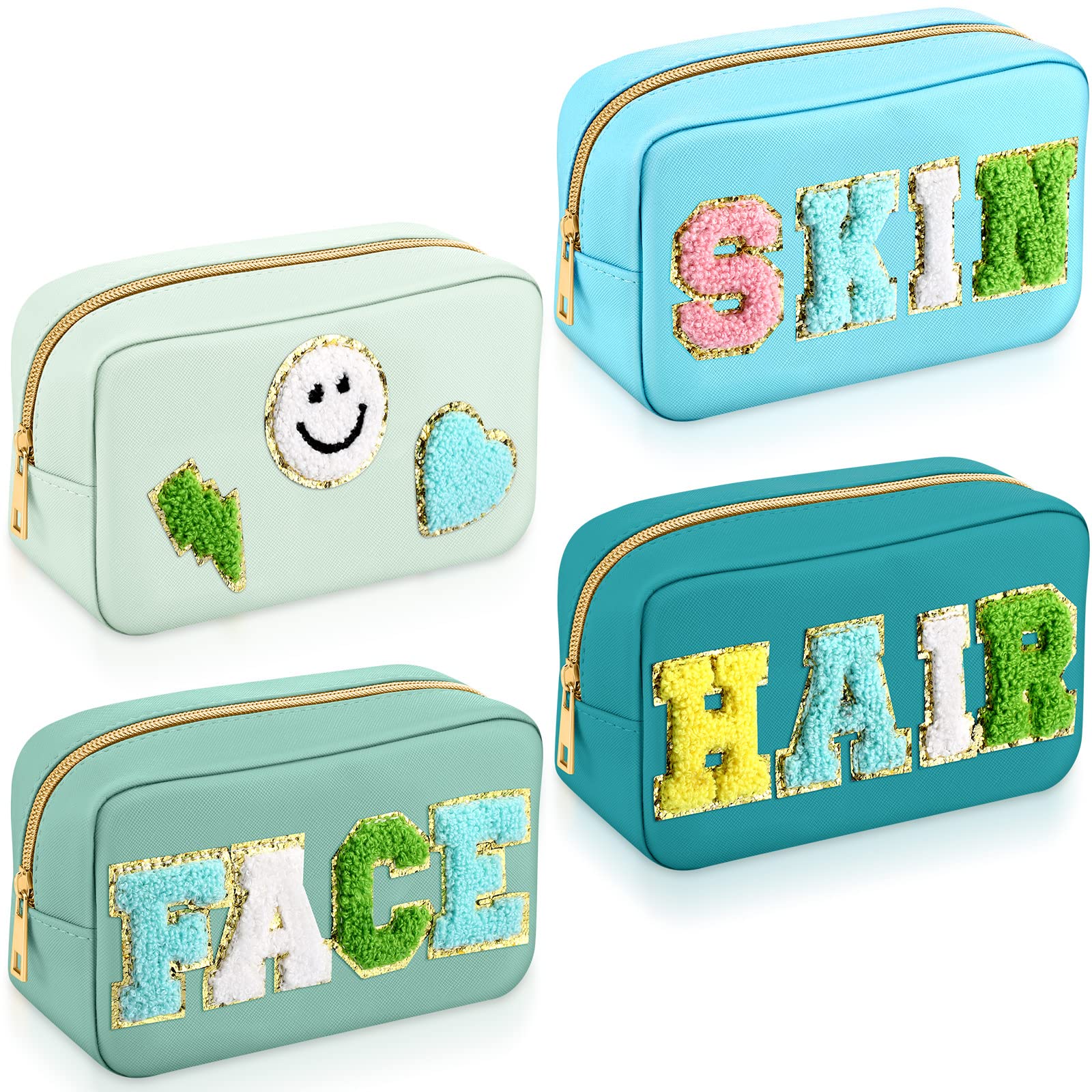Sanwuta4 Pcs Hair Face Skin Travel Bag Set Preppy Makeup Pouch PU Leather Skincare Bag Waterproof Cosmetic Organizer Birthday Christmas Gifts(Blue, Mint Green, Green, Malachite Green,Fresh Style)