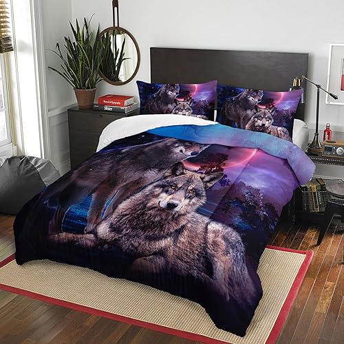 Miniatura 2 de AILONEN Juego de edredón de lobo, tamaño Queen, juego de ropa de cama de lobos para exteriores, con luna roja, para parejas, para niños y niñas,