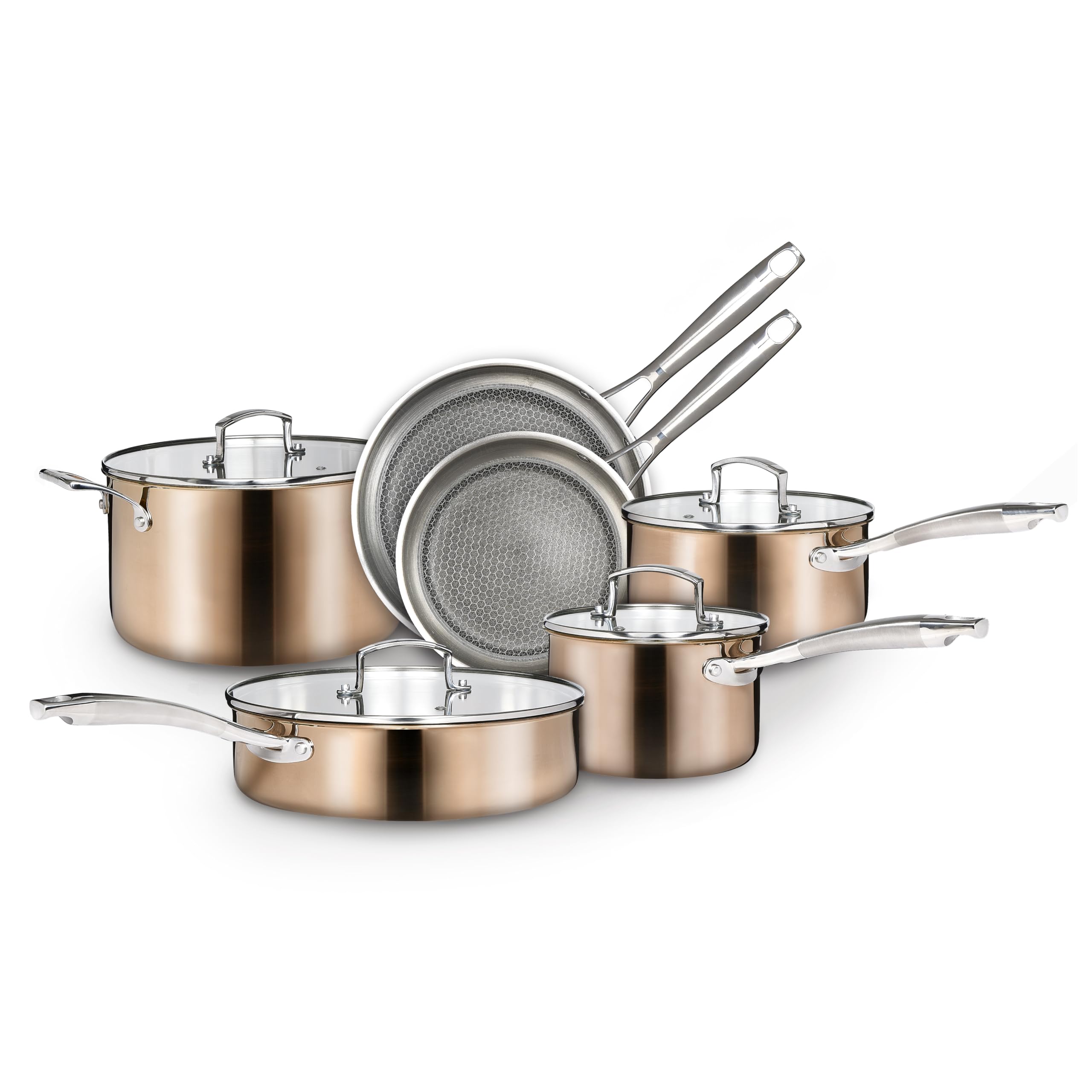 Country KitchenCookware Sets - 10 Pc. Pots and Pans Set, Tri-Ply Stainless Steel Mirror Polish Finish, Induction Compatible, Nonstick Coated Frying Pans (Rose Gold)