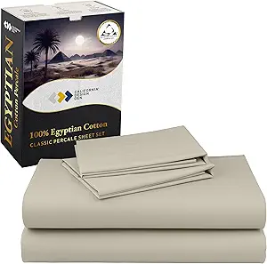 California Design Den Certified 100% Egyptian Cotton Sheets California King Size Set - Lightweight Percale California King Sheet Set with Deep Pockets, Cool, Crisp & Durable Luxury Bedding Set - Beige