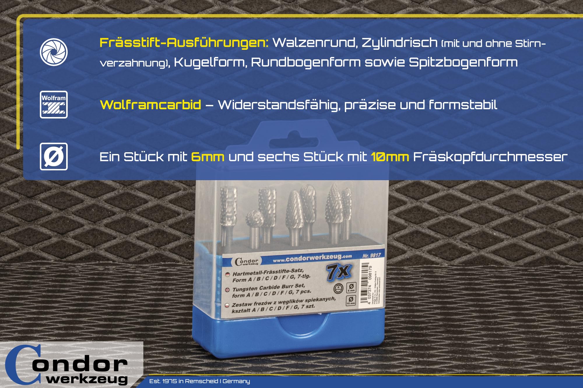 CONDOR Werkzeug 9817 | Hartmetall-Frässtift-Satz Rotationsfräser | 7-teilig | Wolfrahmstahl | ø 6 + 10 mm | Schaft 6 mm | geeignet für Holzbearbeitung, Schnitzen, Metallpolieren, Gravieren und Bohren