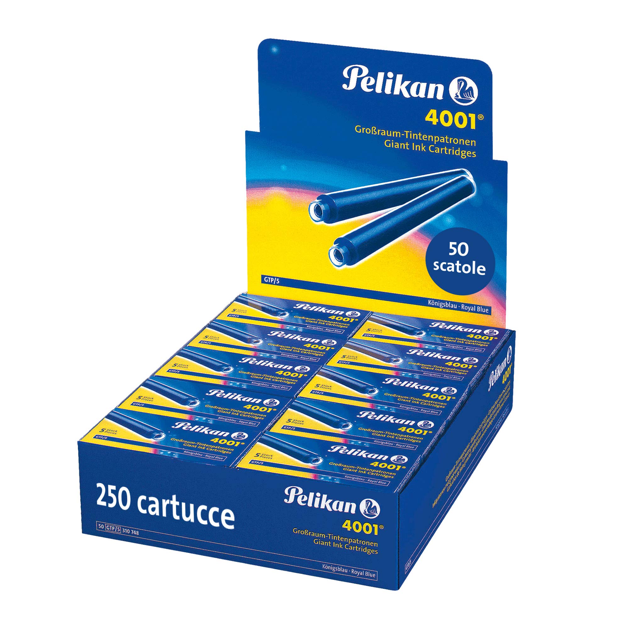 Pelikan 310748A 4001 Ink Cartridges for GTP5 Fountain Pens, 250 Pieces/50 Boxes of 5 Large Cartridges, Royal Blue
