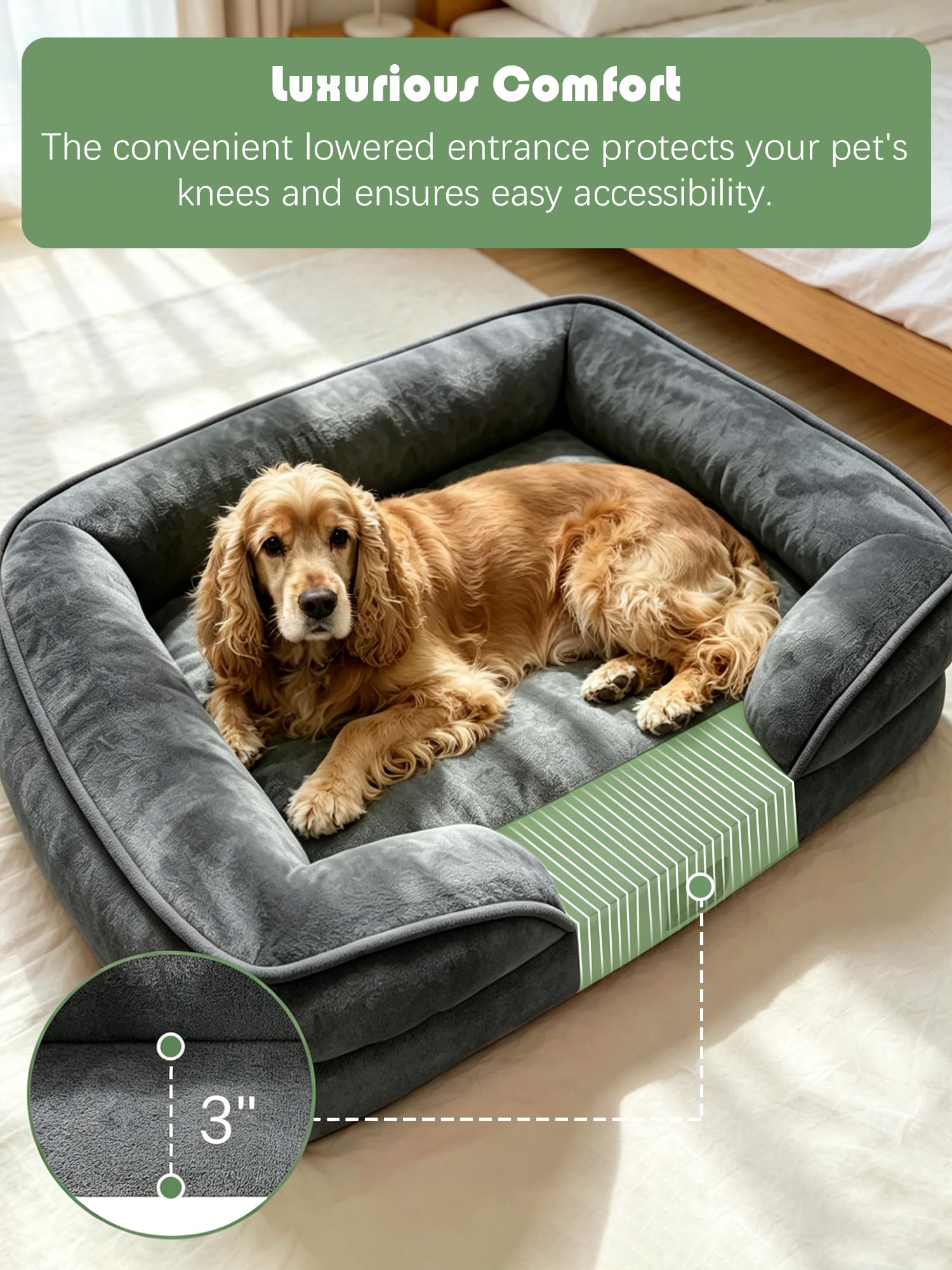 Spotted Play Orthopedic Dog Bed with Sides - Sofa Beds for Large Dogs, Supportive Foam Pet Couch Bed with Washable Removable Cover, Waterproof Lining and Non-Slip Bottom, Dark Grey - L view 3