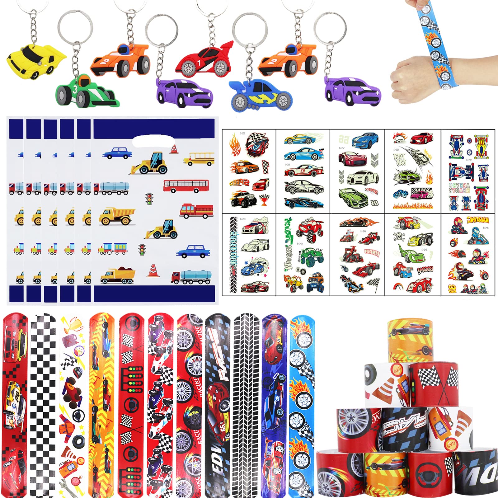 Beamely Pirate Party Bag Fillers for Kids Boys Girls, 42Pcs Racing Car Theme Assorted Toys Pinata Filler with Slap Bands Stickers Keychains Gift Bags Lucky Dip Prize Favours Birthday Halloween