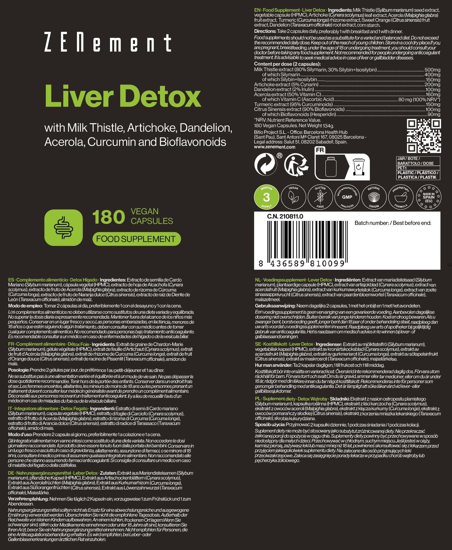 Chardon-Marie, Artichaut, Curcuma, Pissenlit et Bioflavonoïdes - Complément Alimentaire Detox Foie avec Vitamine C Naturelle qui Contribue à la Protection Cellulaire - 180 Gélules Véganes – Zenement