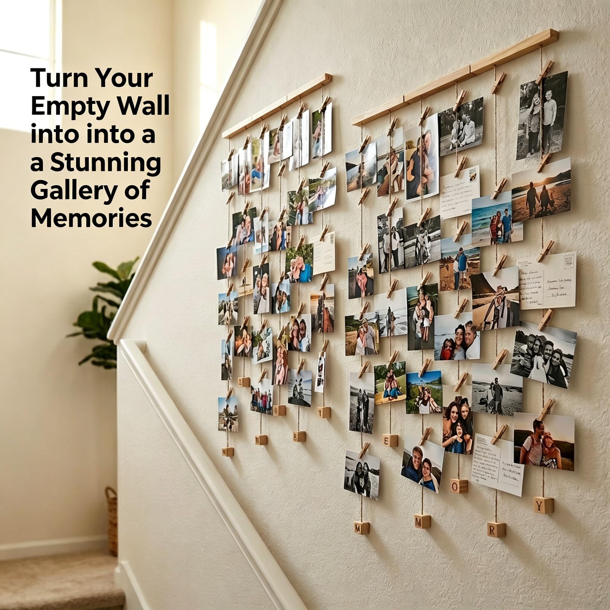 Cadre Photo Mural Avec Corde Porte-Photos 30 Pinces Couleur Bois Naturel Décoration Maison Cadeau