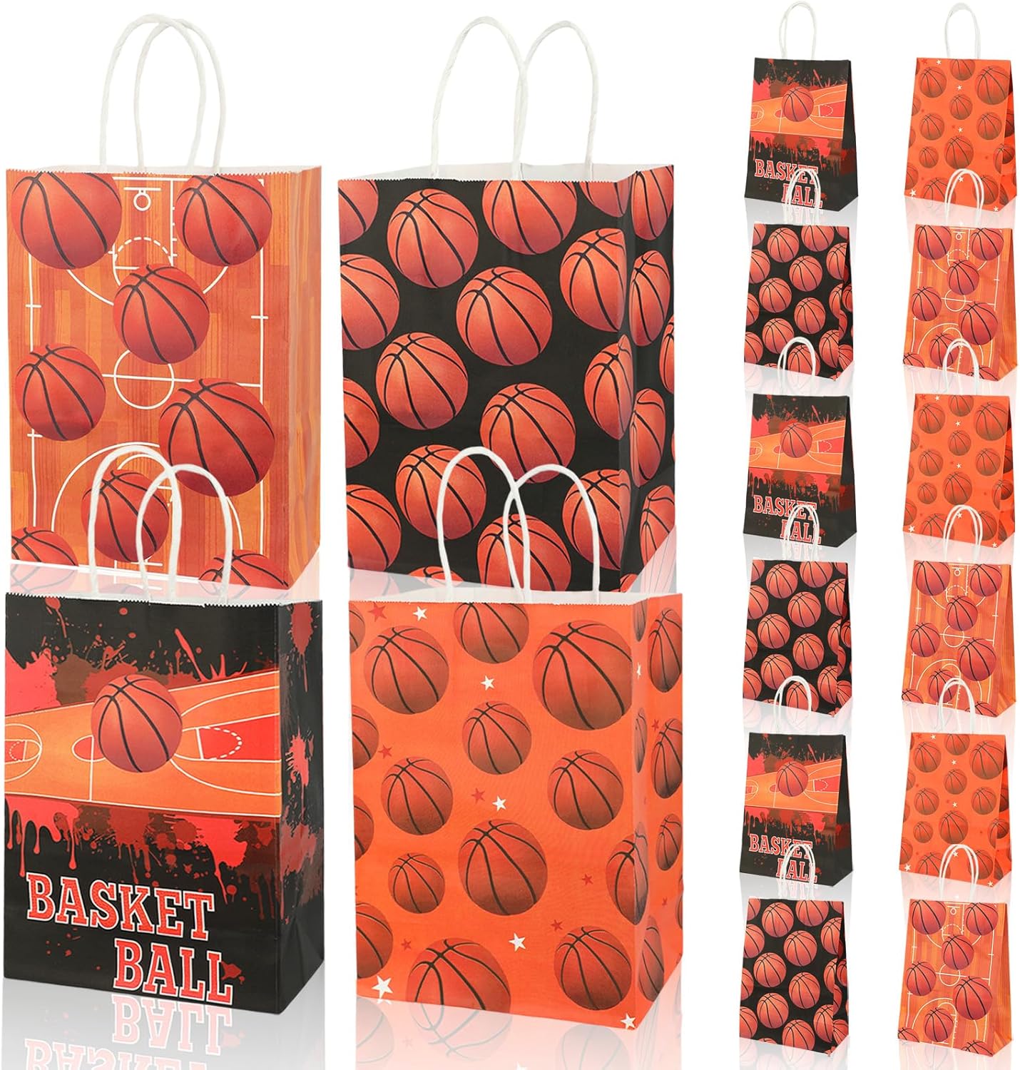 Pokuta 16pcs Basketball Party Favor Bag, Gift Paper Bags with 4 Different Basketball Patterns, Goodie Bags with Handles for Sports Themed Birthday Party