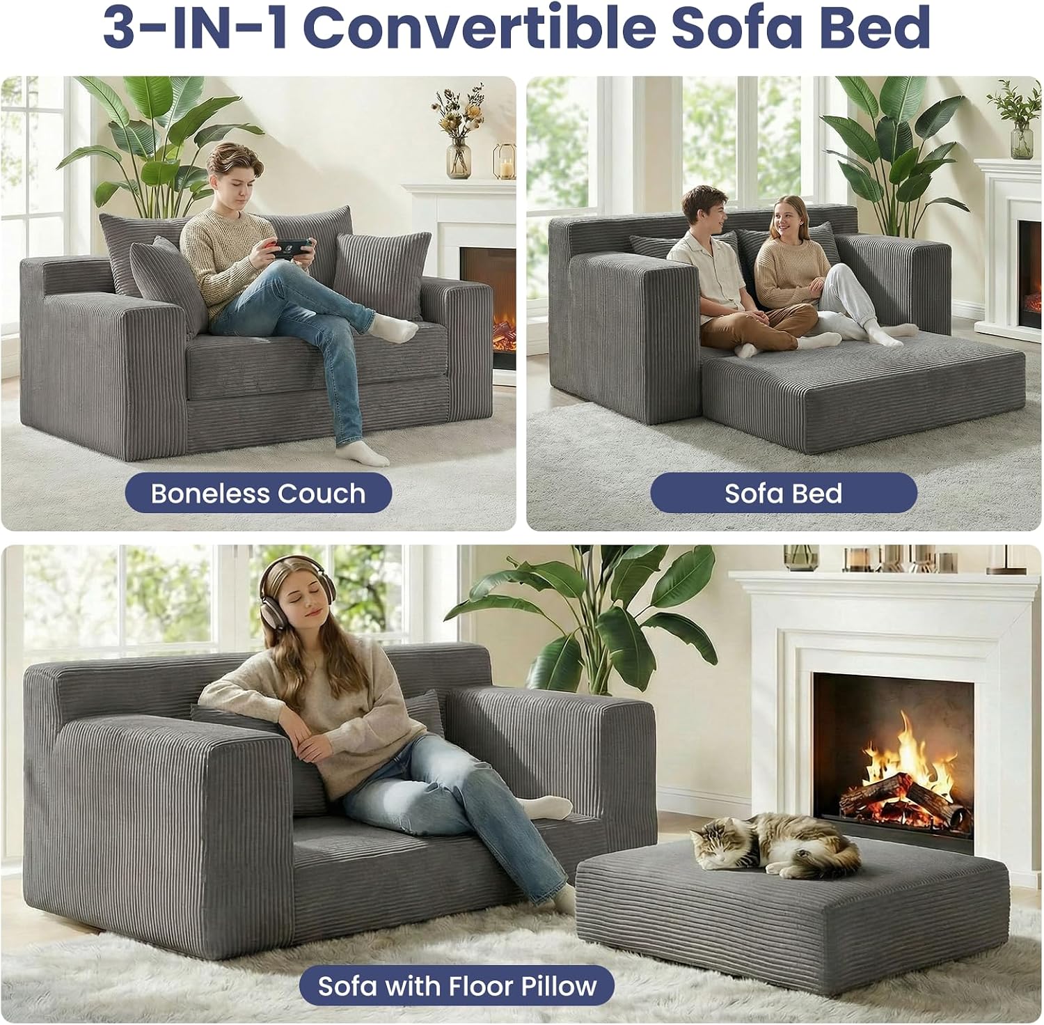 3-in-1 Convertible Sofa Bed: Boneless Loveseat Sleeper & Folding Couch Bed with 4 Pillows & Detachable Cushion for Bedroom, Small Space, Guest and Living Room, Corduroy Futon, No Assembly,Grey