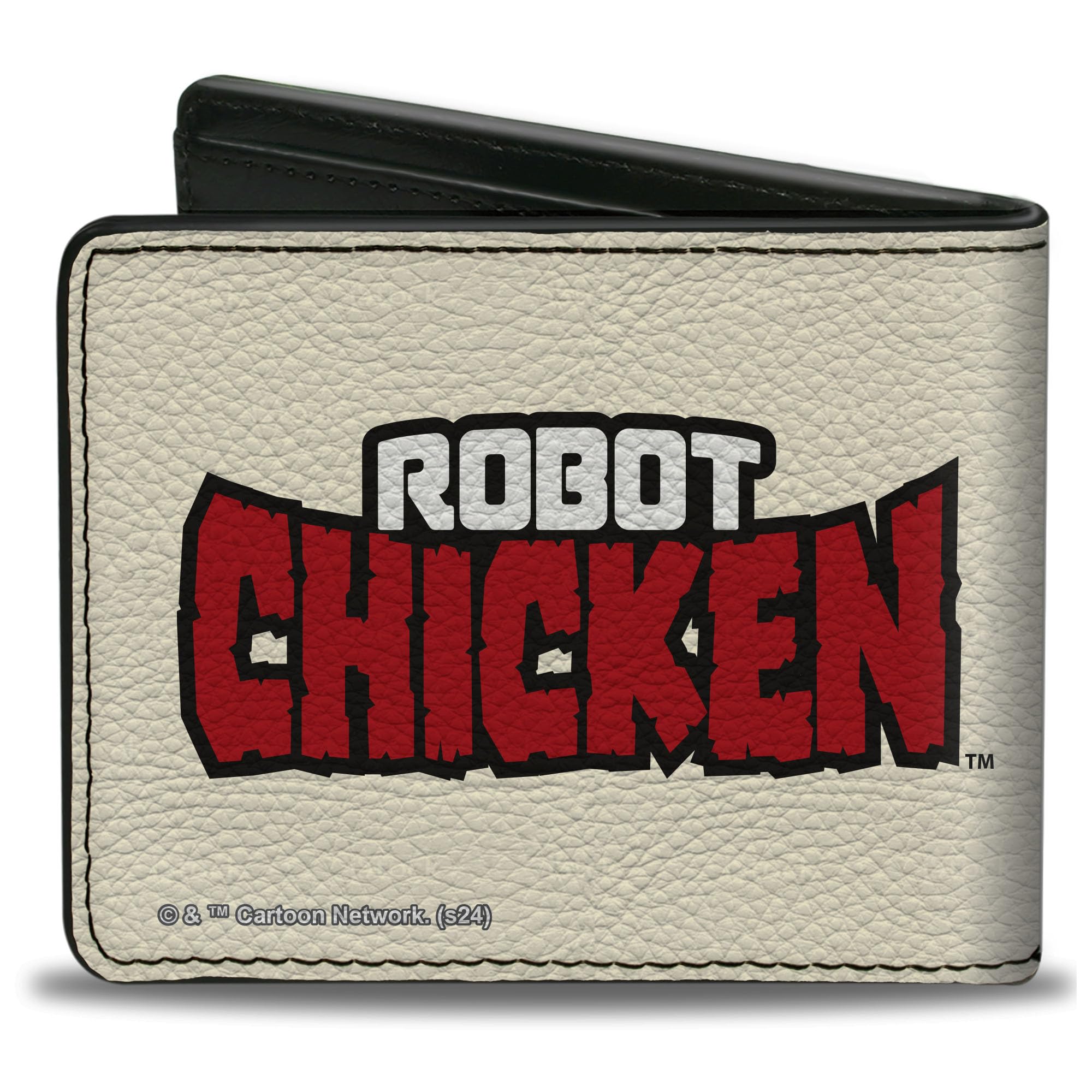 Robot Chicken Wallet, Bifold, Robot Chicken Silhouette Chicken and Title Logo Ivory Red, Vegan Leather