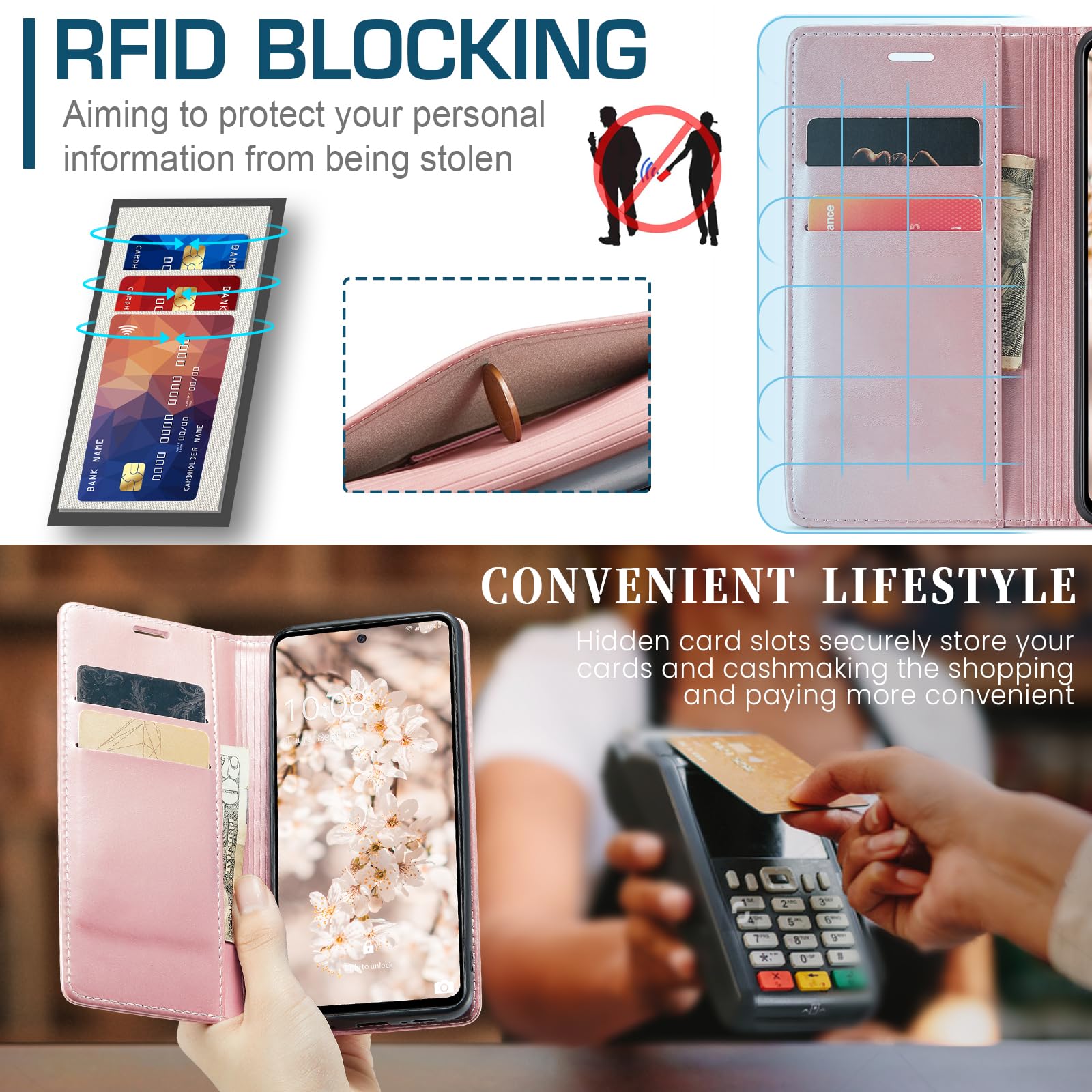 Casecond Funda para Samsung Galaxy A53 5G Cuero Premium Flip Folio Carcasa Case con Tarjetero Fundas Tapa Libro Magnético con Bloqueo RFID Proteccion para Mujeres Hombres - Azul Verde — view 3