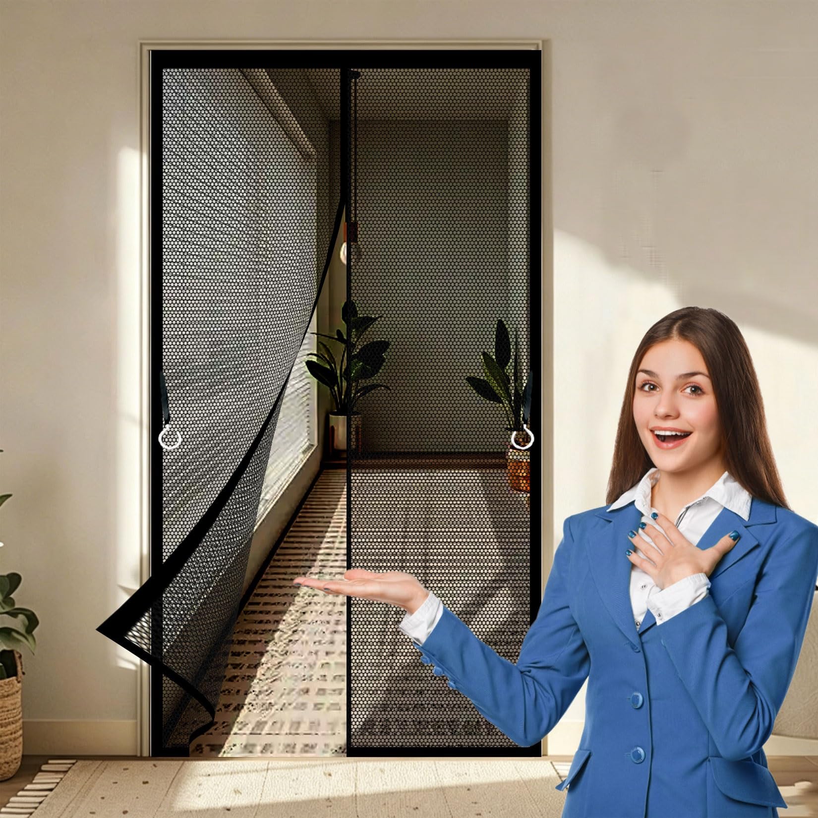 Magnetic Fly Screen Door 158 x 269 cm Frame Hook & Loop, Powerful Magnets Door Screen, Nets Patio Curtain No Drill Installation, Keep Bugs Out for Patio Doors Bedroom, Black