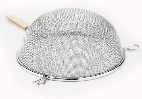 Miniatura 6 de Huji Colador de alimentos de malla doble de acero inoxidable de 8 pulgadas con mango de madera para cocina, fideos de arroz y pasta (paquete de 3)