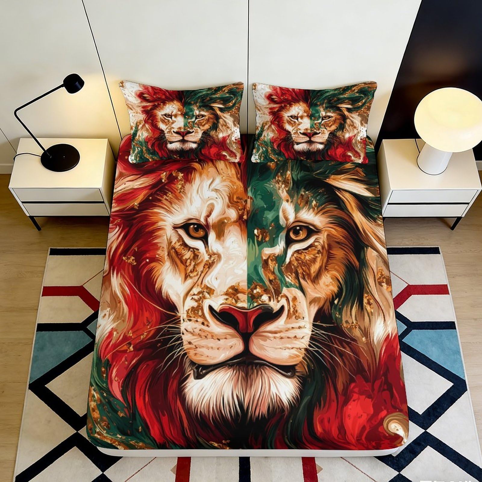3D Printed Lion Face Fitted Sheet Microfiber Soft Durable Colorful Bed Cover for Bedroom Dormitory Guest Room Mattress Protection and Decoration 120x200x25cm