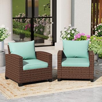 SUNSHINE VALLEY 2 Pieces Wicker Rattan Patio Chairs ,Outdoor Brown Premium Patio Furniture with 4" Thick Cushions for Garden,Lawn, Backyard,Blue