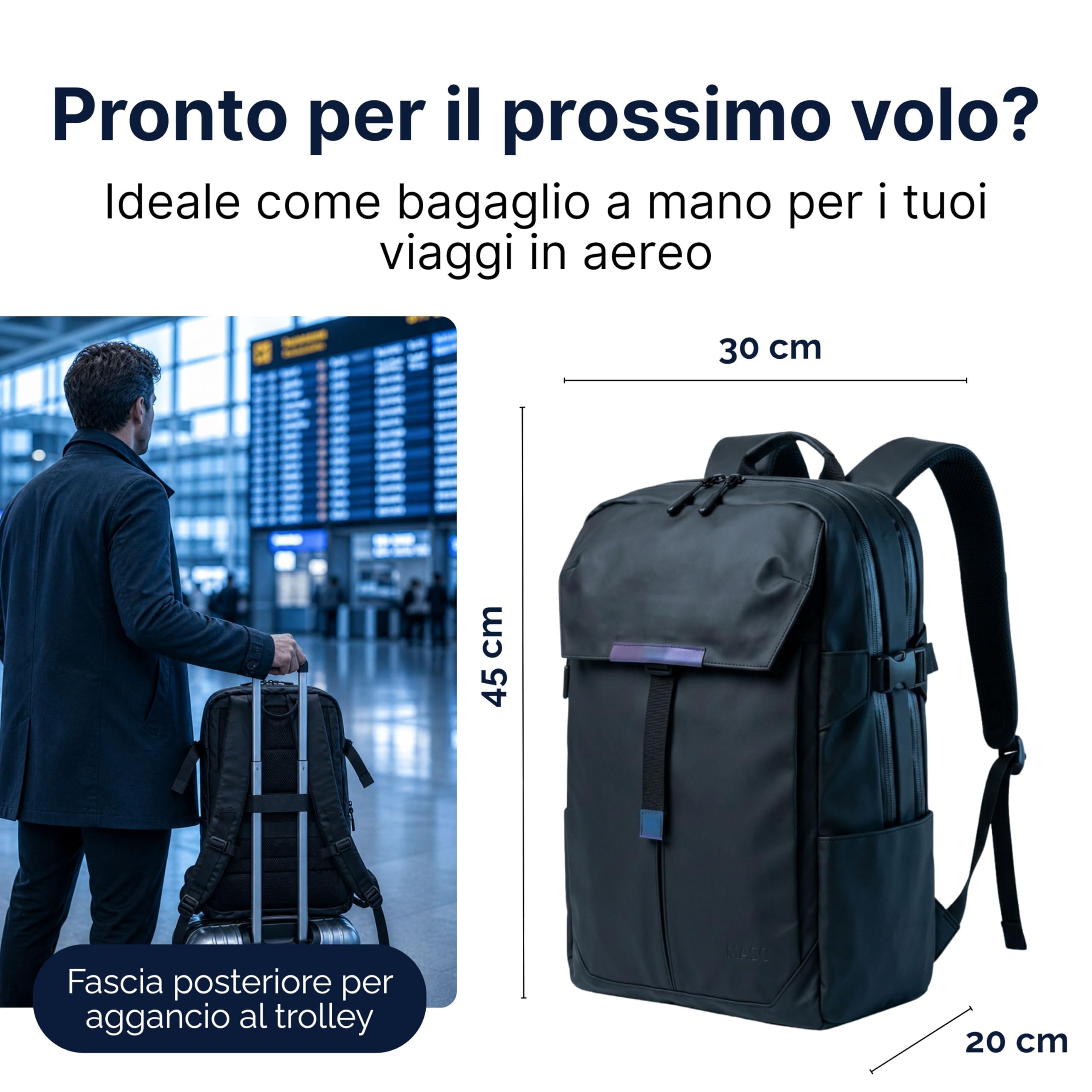 MASC Zaino da Viaggio Multitasche Impermeabile ed Ergonomico 27L, ideale come Zaino da Lavoro Porta PC 18’’, Elegante per l’Ufficio