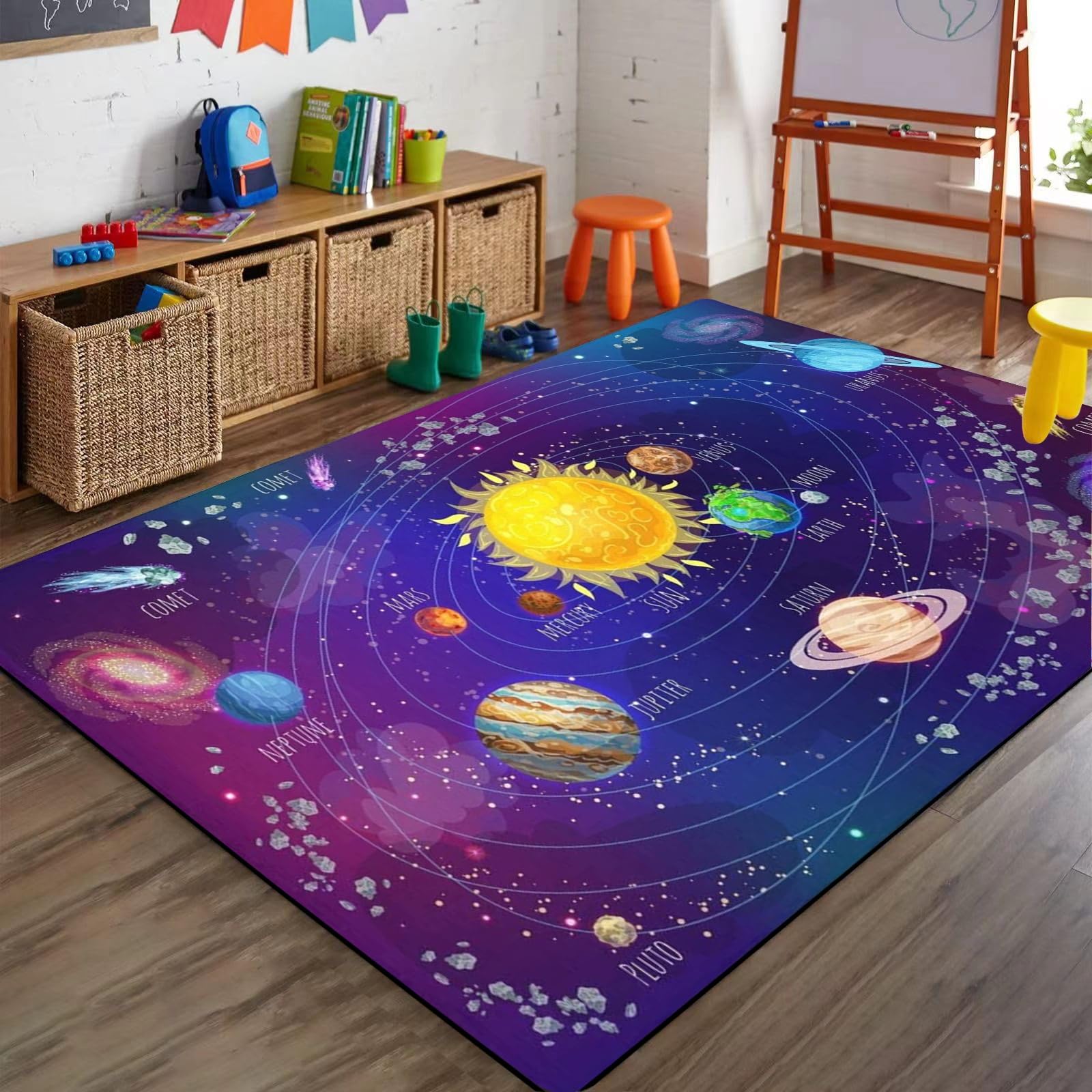 Bycmuoz Universe Solar System Area Rugs, 60x110cm, Outer Space Planet Theme Game Rug for Kids Room, Low Pile Cozy Soft Nursery Carpets, Rubber Backed Machine Washable Carpet for Classroom