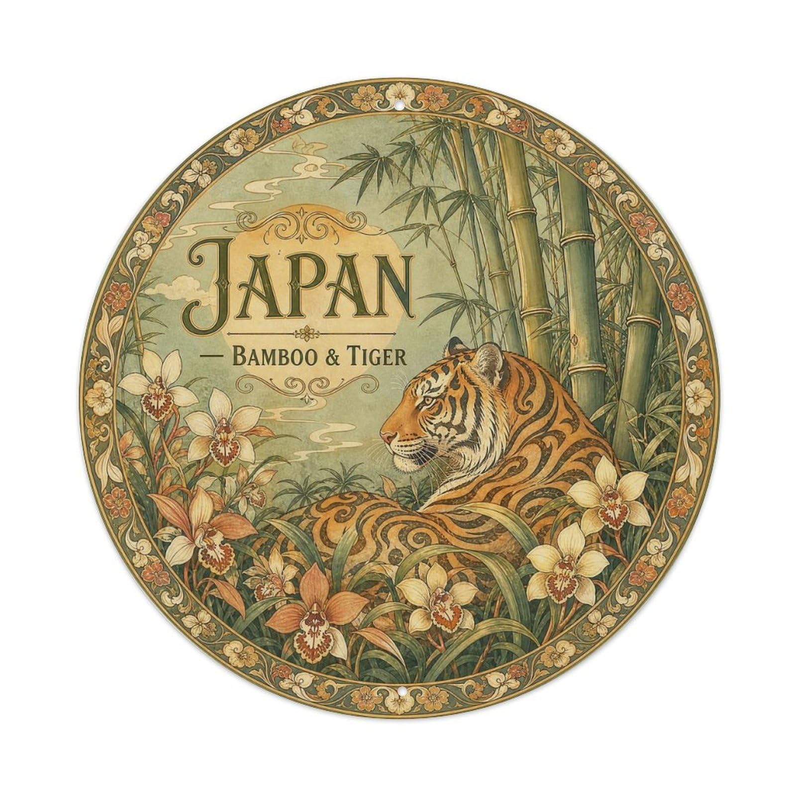 Olyhtr 8X8inch Classic Style Taisho Japan Bamboo Tiger Ceramic Folk Pattern Metal Tin Sign