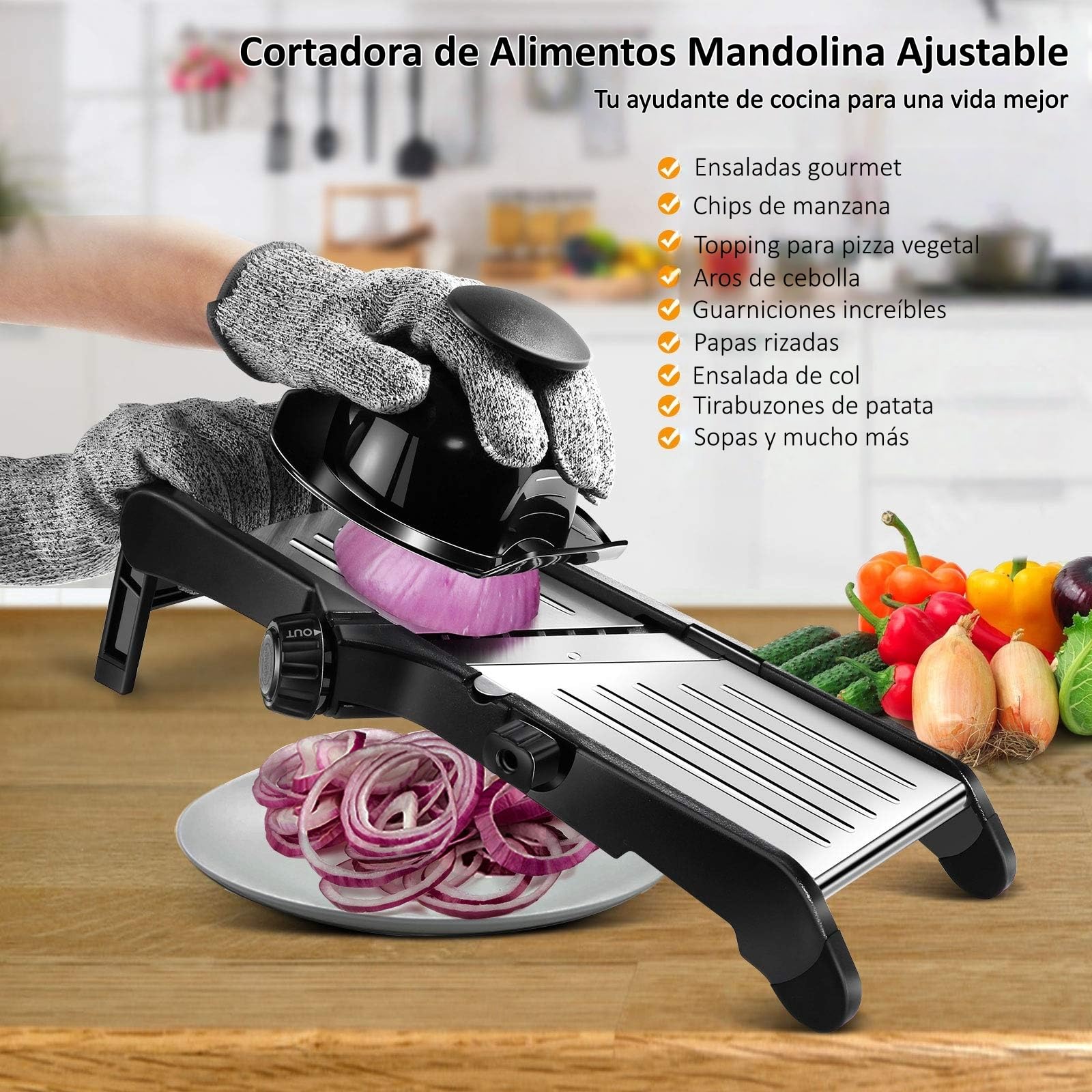 Mandolina Multifunción de Acero Inoxidable, Cortador Verduras de Cocina Ajustable con Múltiples Formas de Corte Integradas en 1 Hoja Afilada, Mandolina Japonesa para Rebanada y Julienne