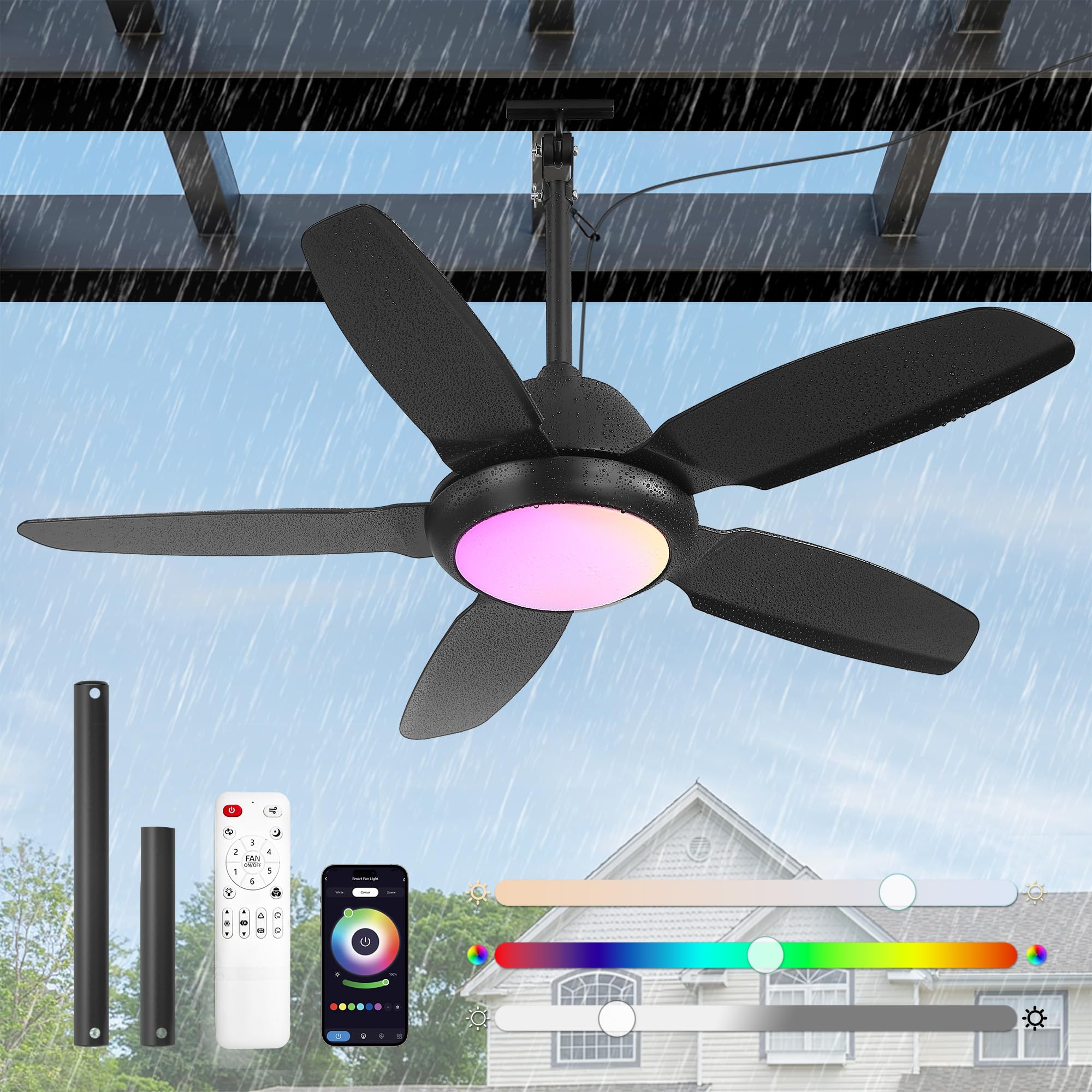 Photo 1 of Fanbulous 42 Inch RGB Waterproof Outdoor Ceiling Fan with Lights,APP & Remote Control,IP65 Hanging Gazebo Fan with 3CCT 6-Speed DC Motor,Black Wet Rated Plug in with Cord for Patios Porch Pergola