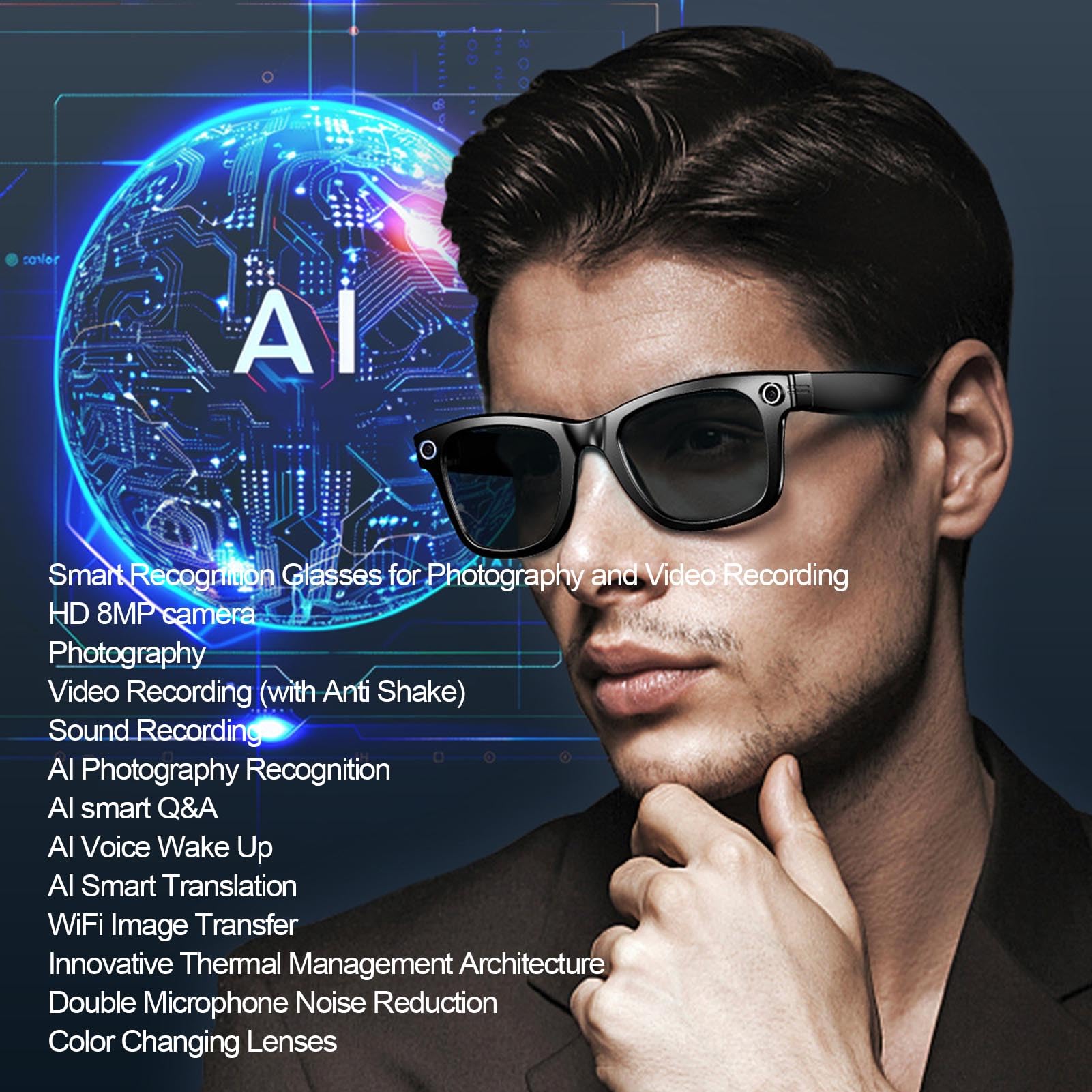 Denash Gafas Inteligentes de IA con Cámara, Gafas de Grabación de Video 4k Portátiles, Traducción en Tiempo Real Gafas Inteligentes Bluetooth para Viajar, Al Aire Libre