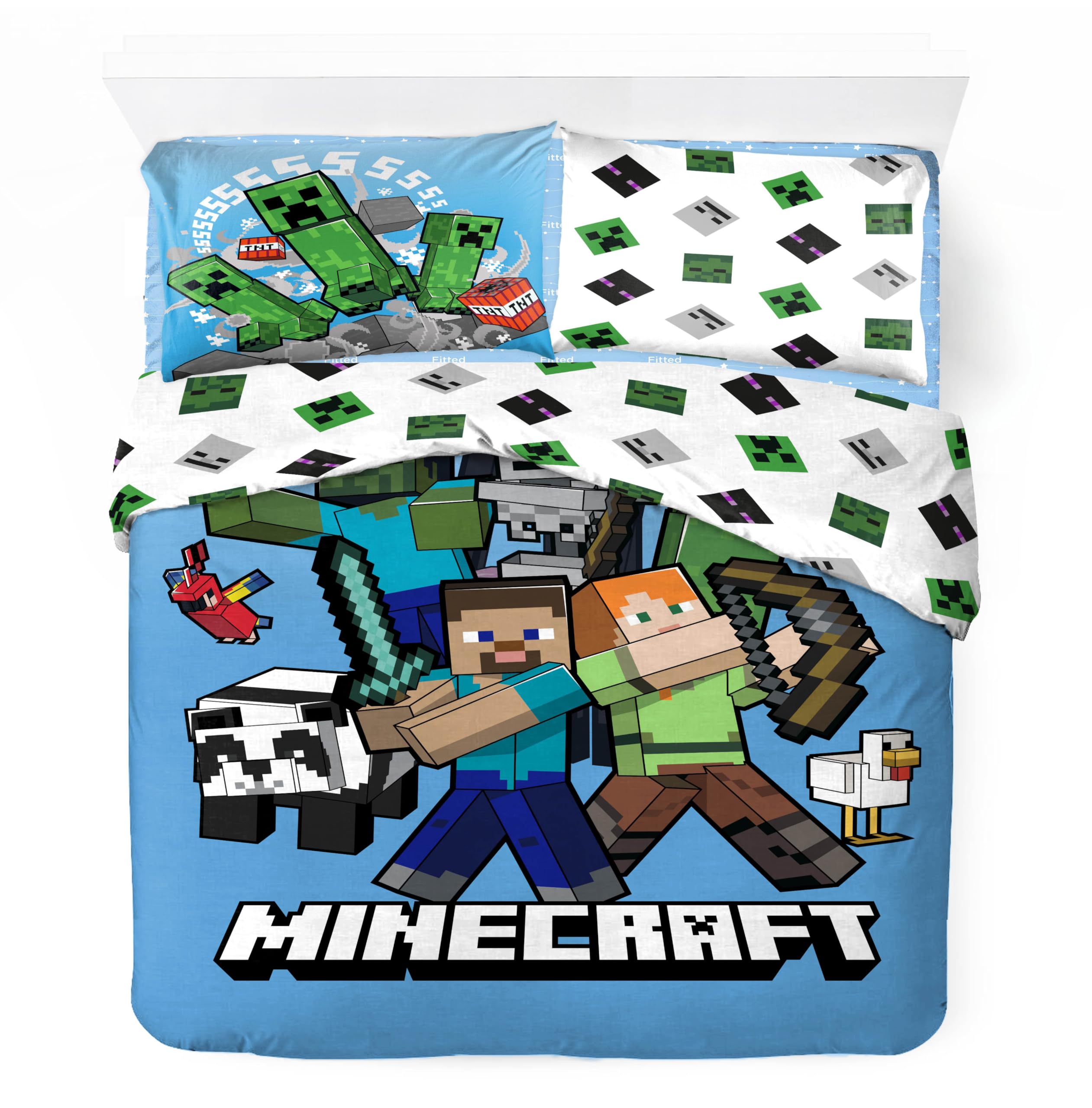 Juego de funda nórdica reversible Minecraft de algodón doble, juego de ropa de cama reversible 240 x 220 cm, 2 fundas de almohada 65 x 65 cm, 100% algodón (Minecraft Set)