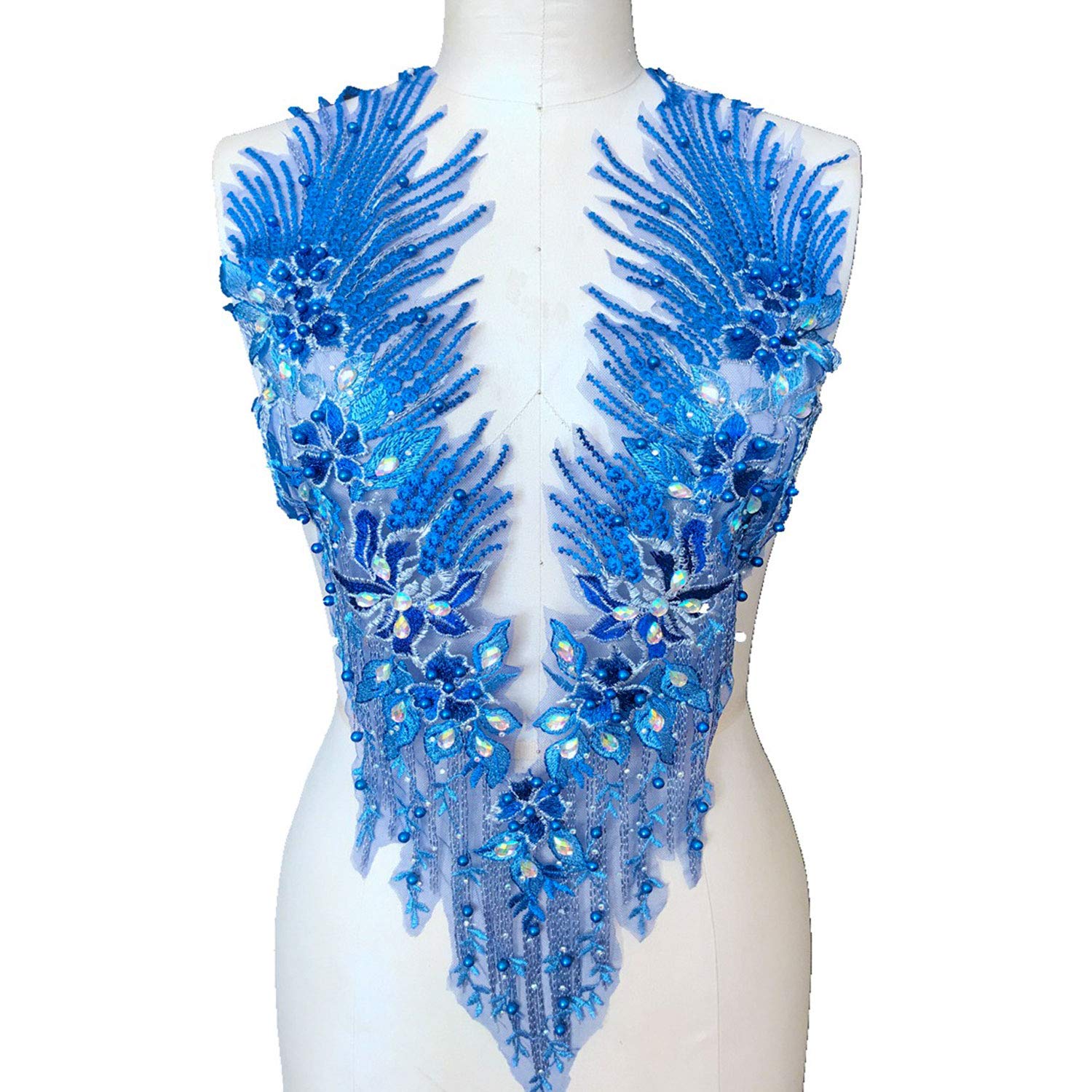 3D Beading Floral Lace Applique Embroider Rhinestone Trim Patches DIY Neckline for Evening Costumes Bodice Prom Dresses(Sapphire)