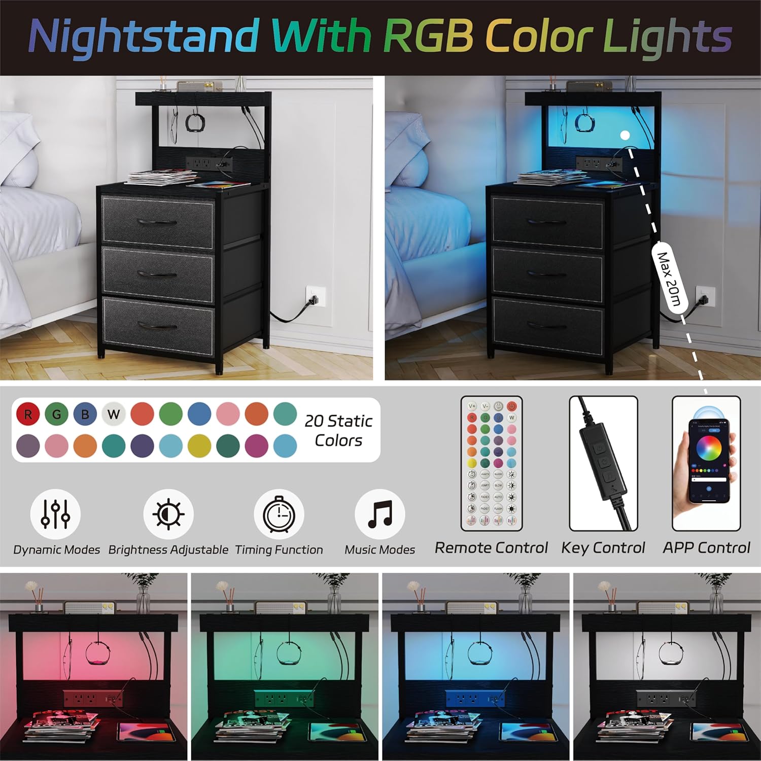 LED Nightstand, Drer Nightstand Ders and Type C Charging Stat,