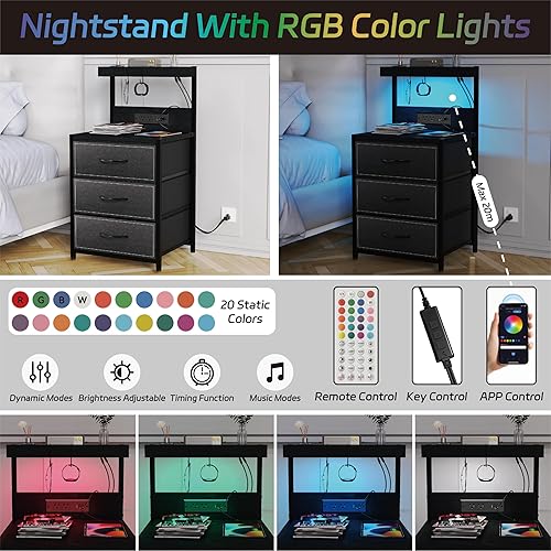 Miniatura 7 de SZLHANJZ Juego de 2 mesita de noche LED, mesita de noche con 3 cajones y estación de carga tipo C, mesa auxiliar de almacenamiento con estante y