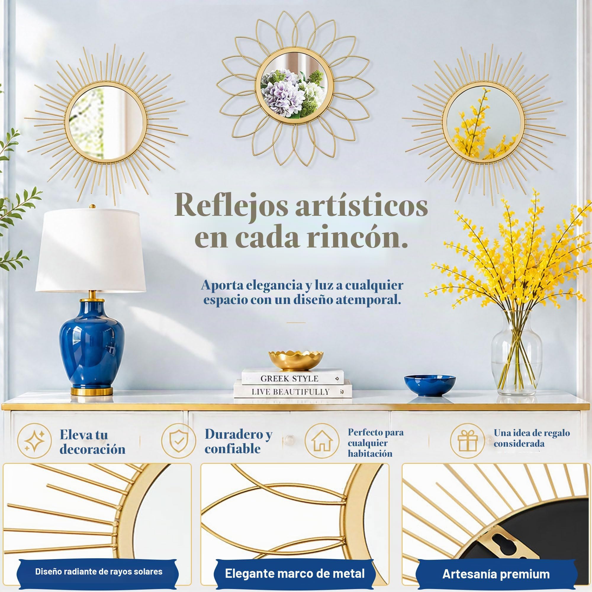 Uaussi - Juego de 3 Espejos Dorados para Pared de Metal Efecto Sol, decoración de Pared Colgante para Sala de Estar, Dormitorio, Entrada