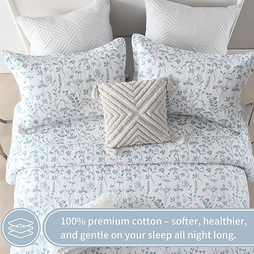 Miniatura 4 de KALOOLA Colchas florales tamaño Queen - Juego de edredón 100% algodón azul, colcha reversible ligera tamaño queen, juego de ropa de cama de granja