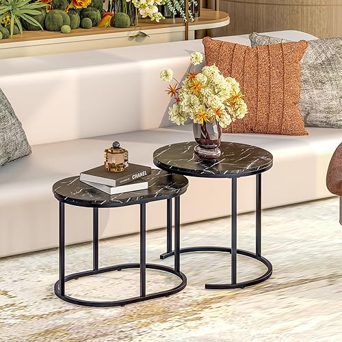 Miniatura 4 de VILAWLENCE Juego de 2 mesas auxiliares redondas modernas de madera de imitación de mármol negro, mesa auxiliar con marco de metal dorado, mesa